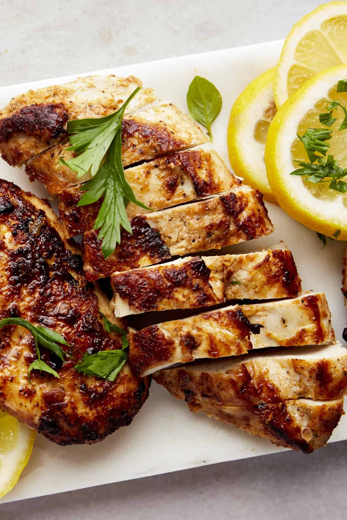 Sliced Greek lemon chicken.