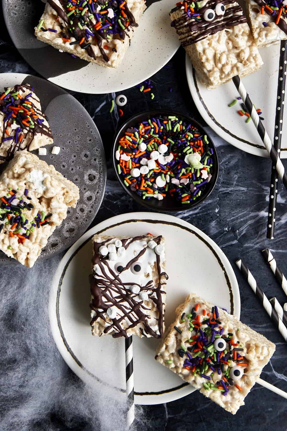 Overhead image of Halloween rice krispie treats.