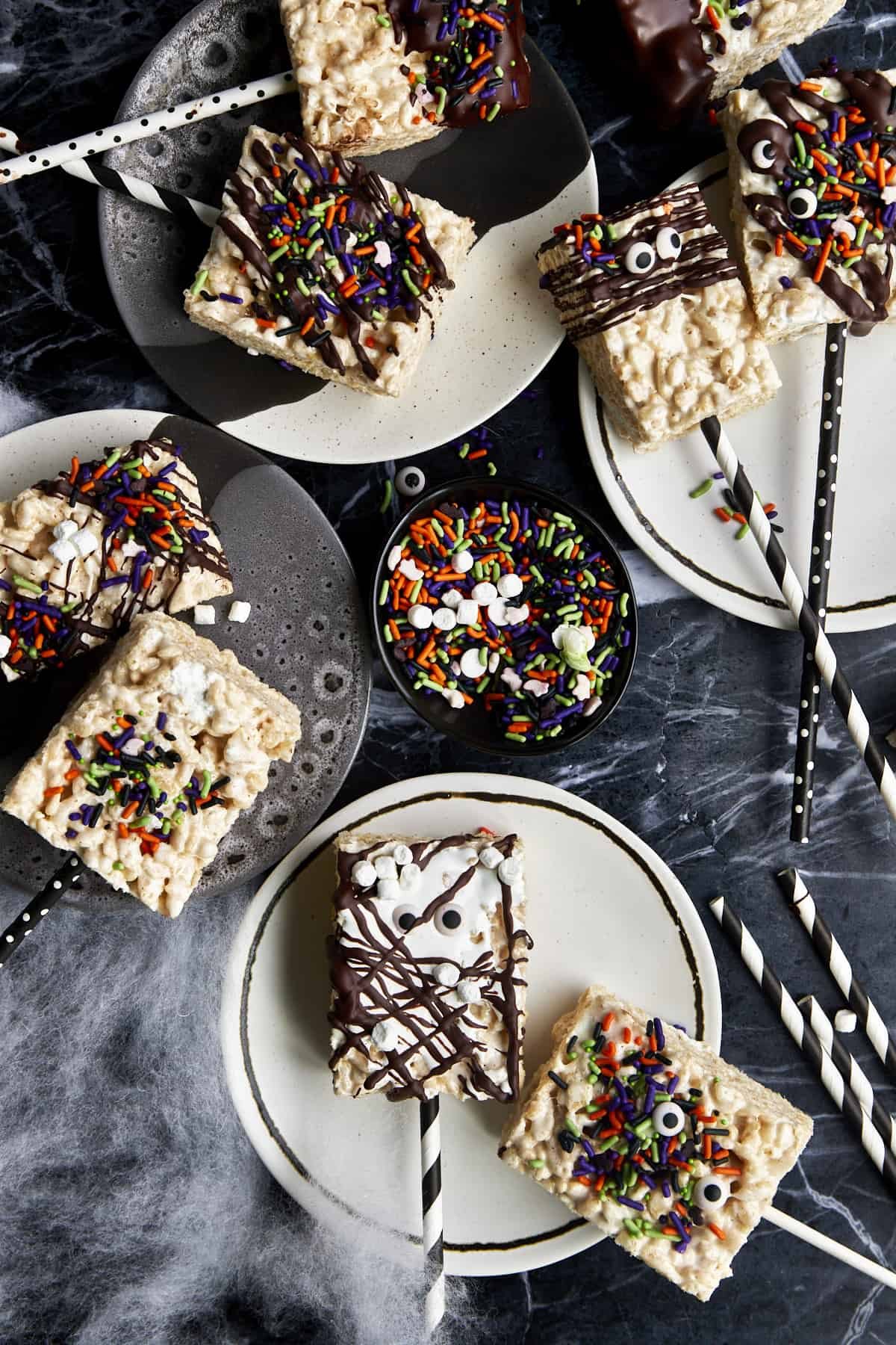 Overhead image of Halloween rice krispie treats.