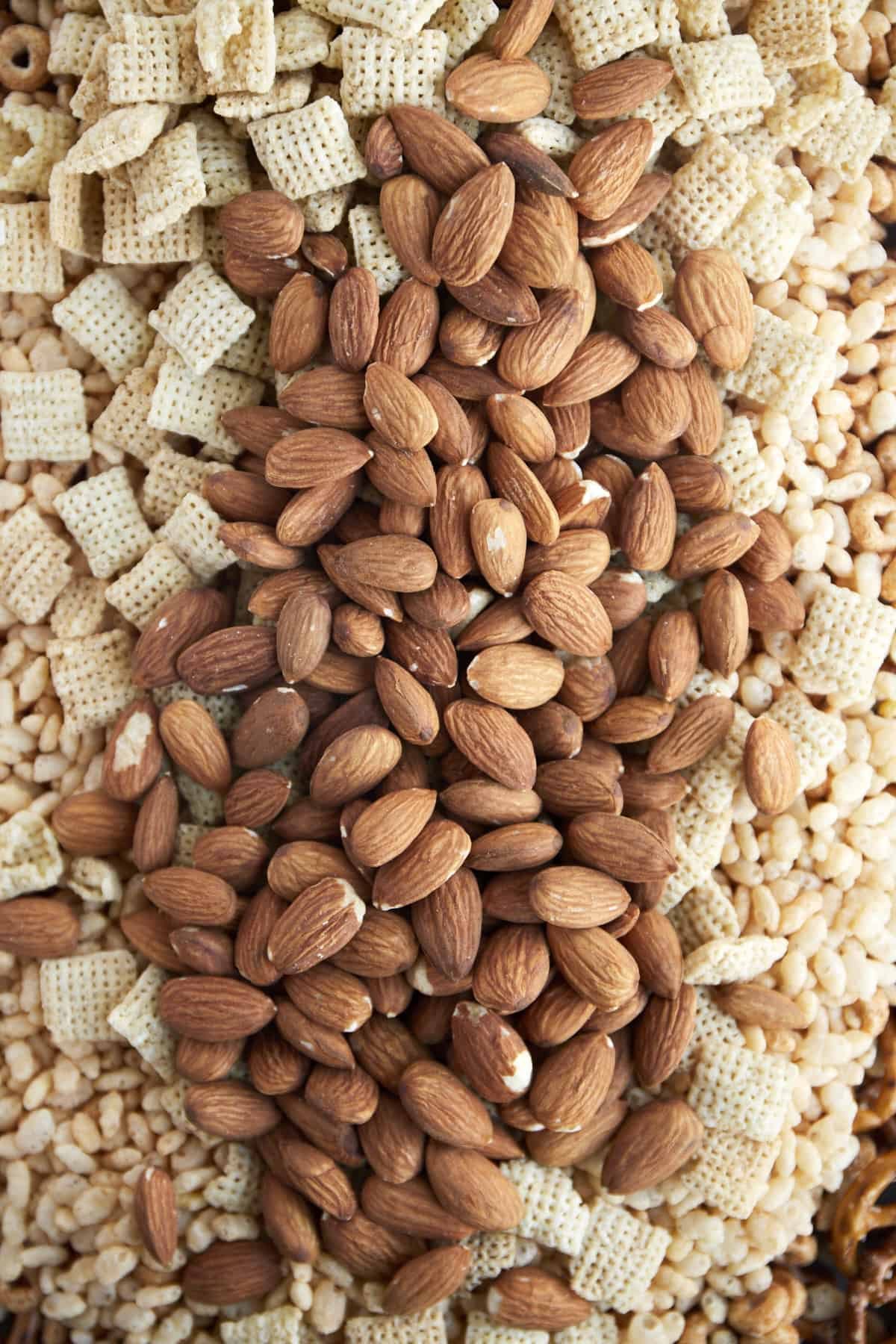 Rice Chex, Pumpkin Spice Cereal, Rice Krispies, and almonds