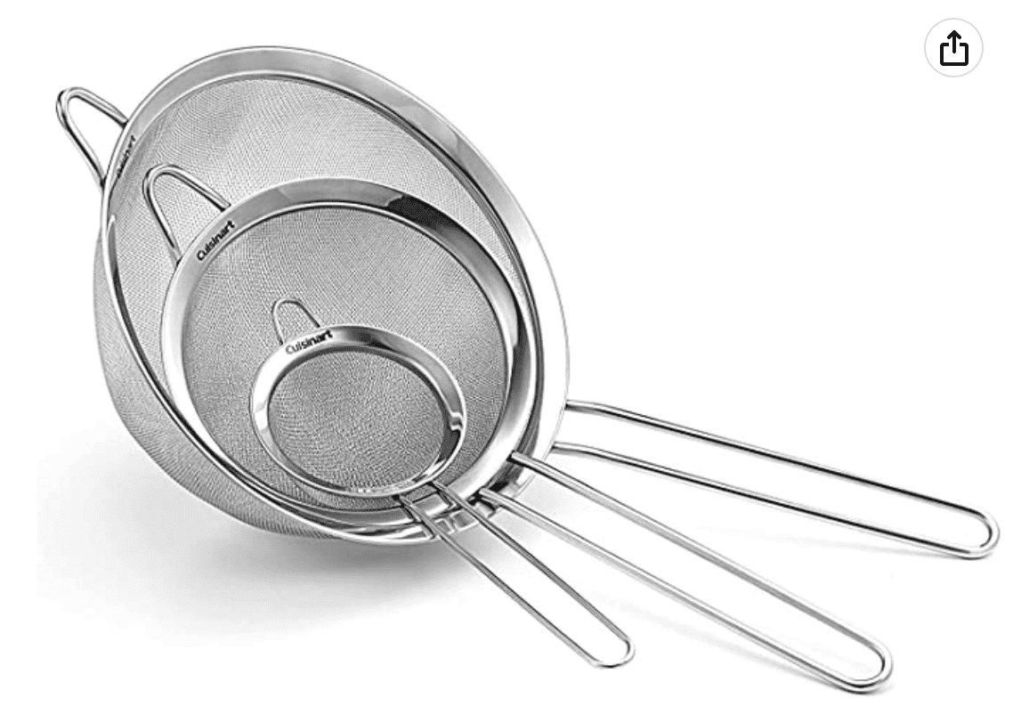 A three part wire mesh sieve.