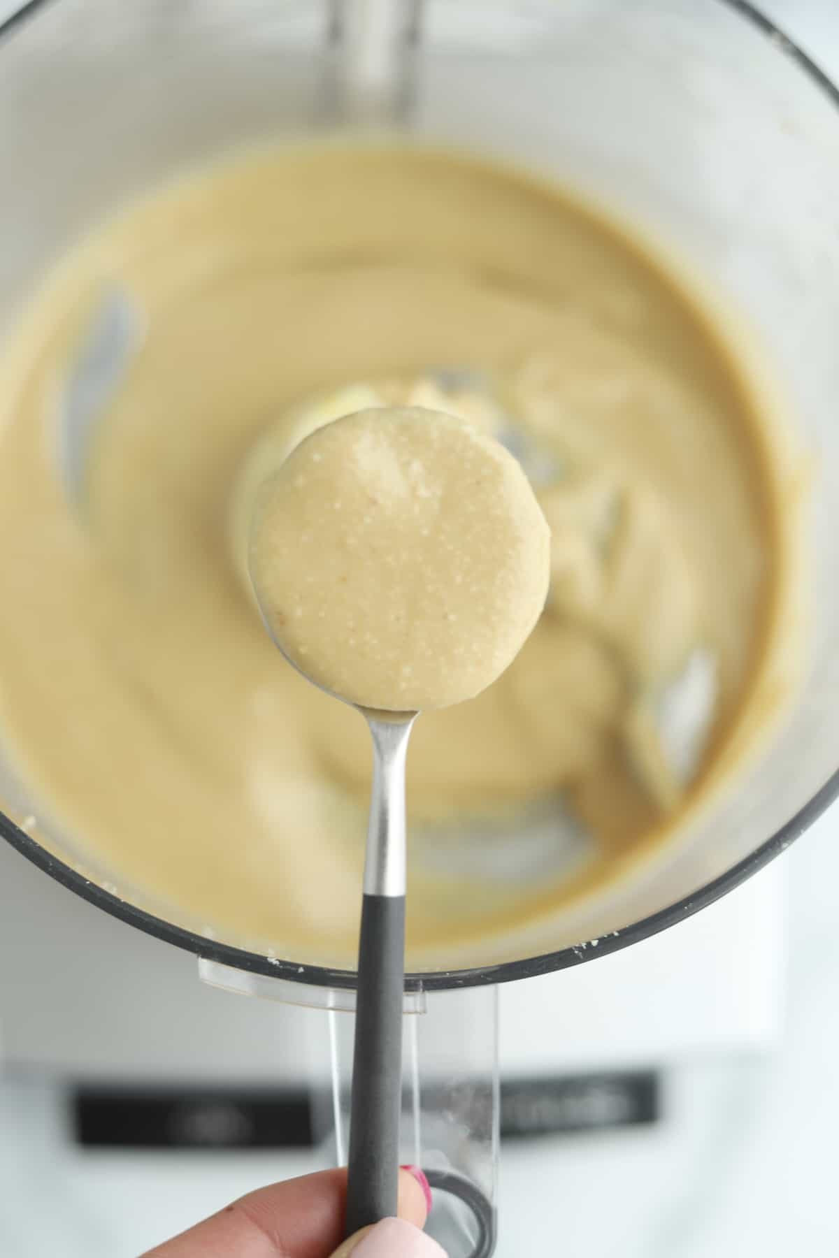 a spoonful of hazelnut butter over a food processor full of hazelnut butter