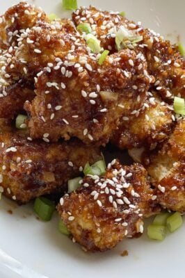 close up image of honey garlic baked cauliflower