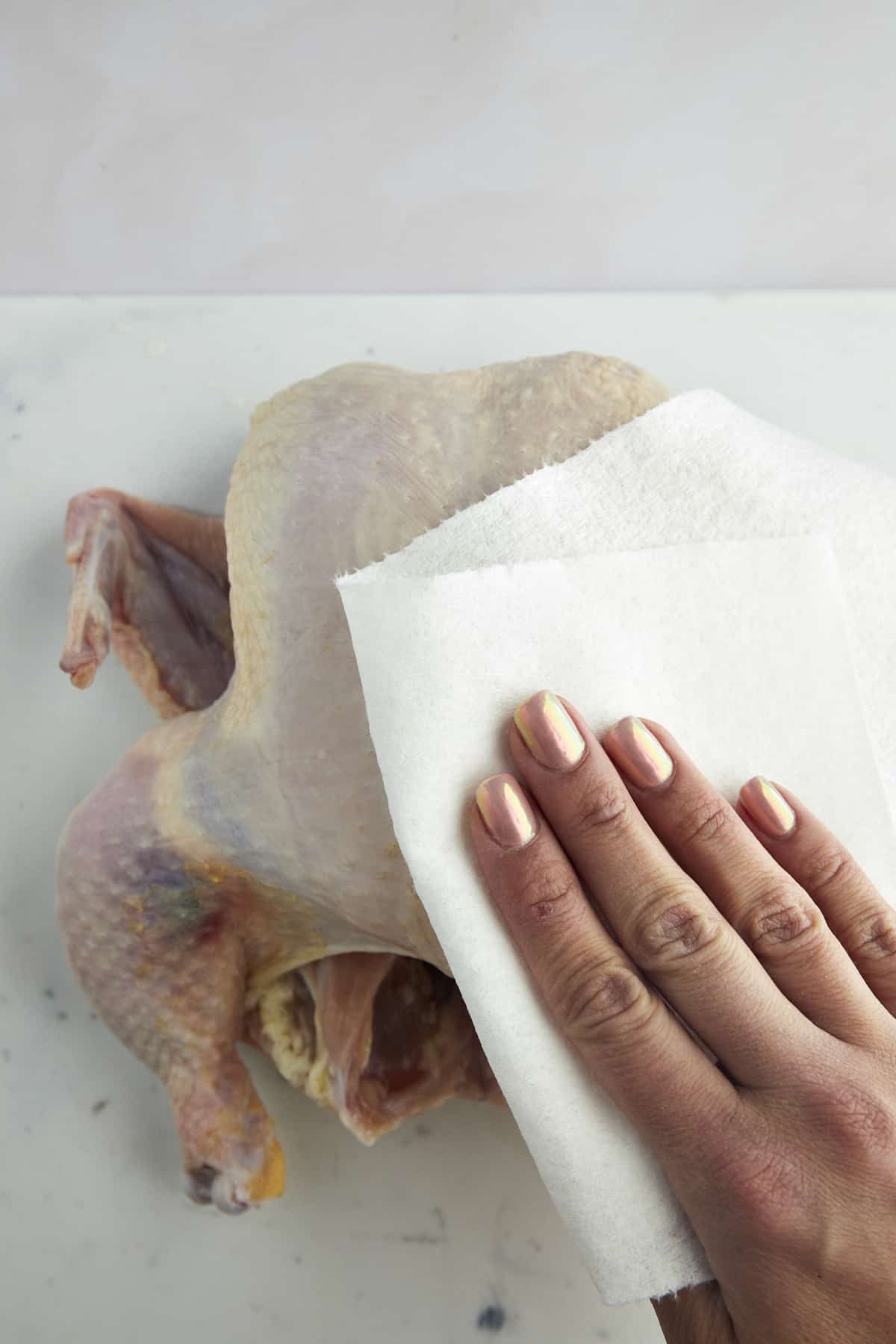 A hand using paper towels to pat the chicken dry.