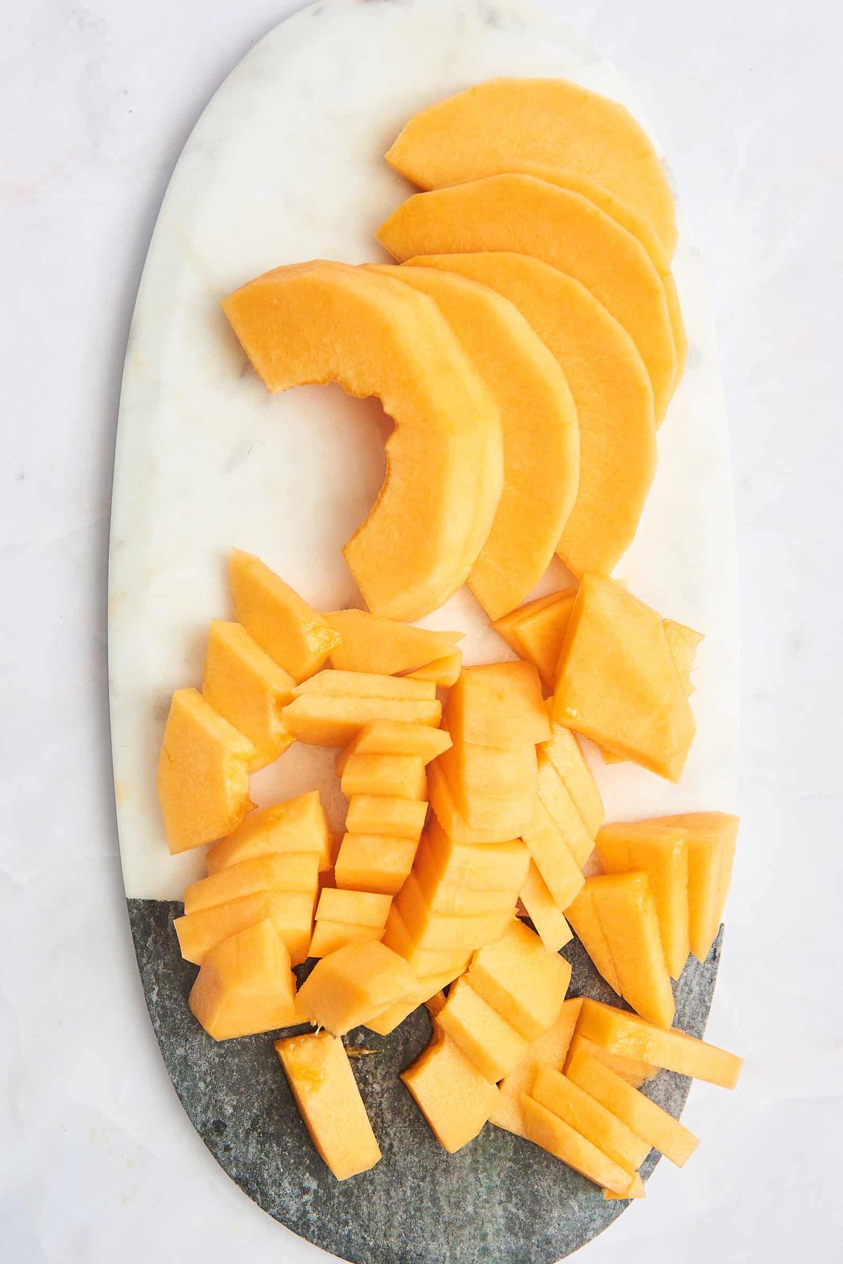 Strips and wedges of cantaloupe.