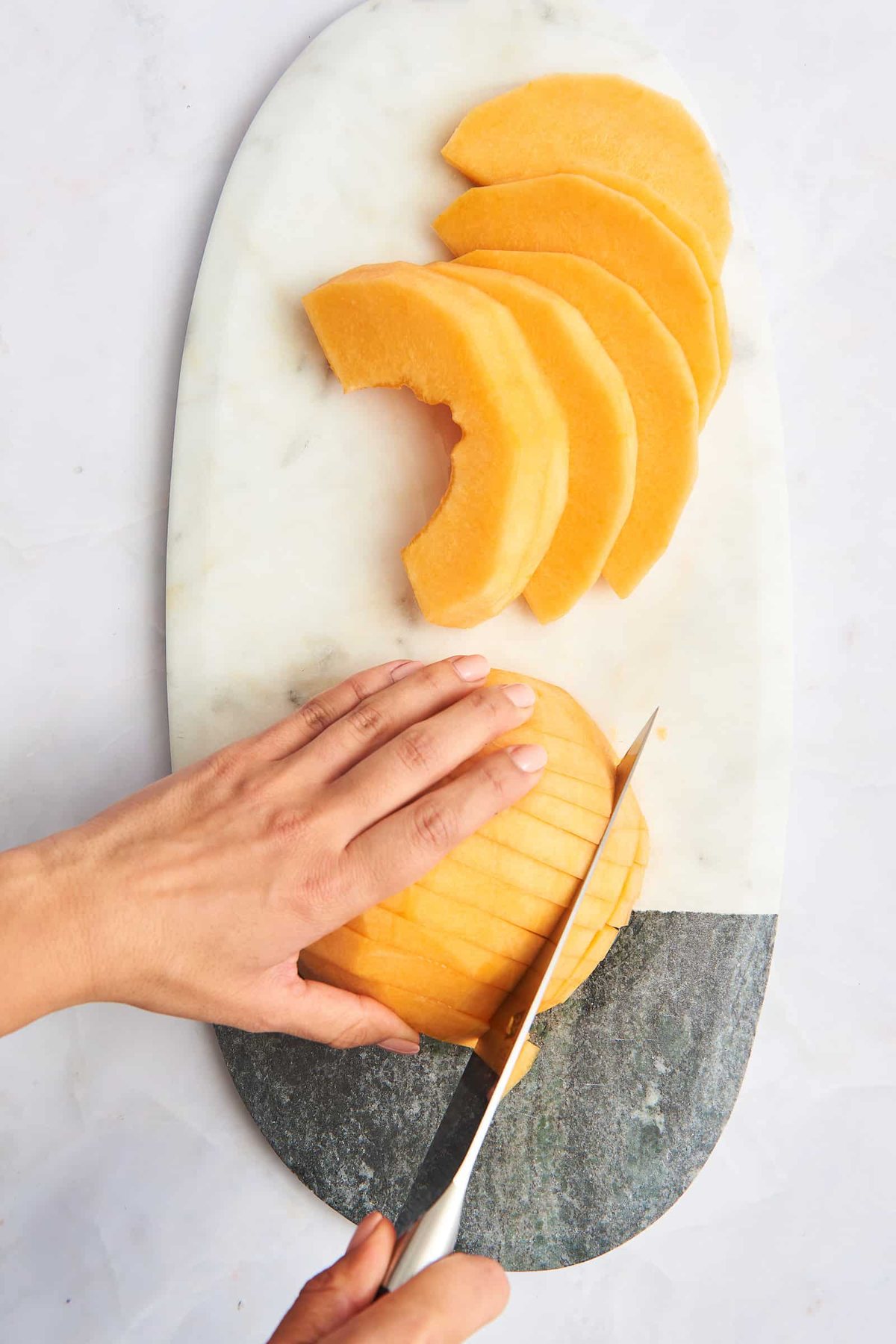 Cubing the fruit.