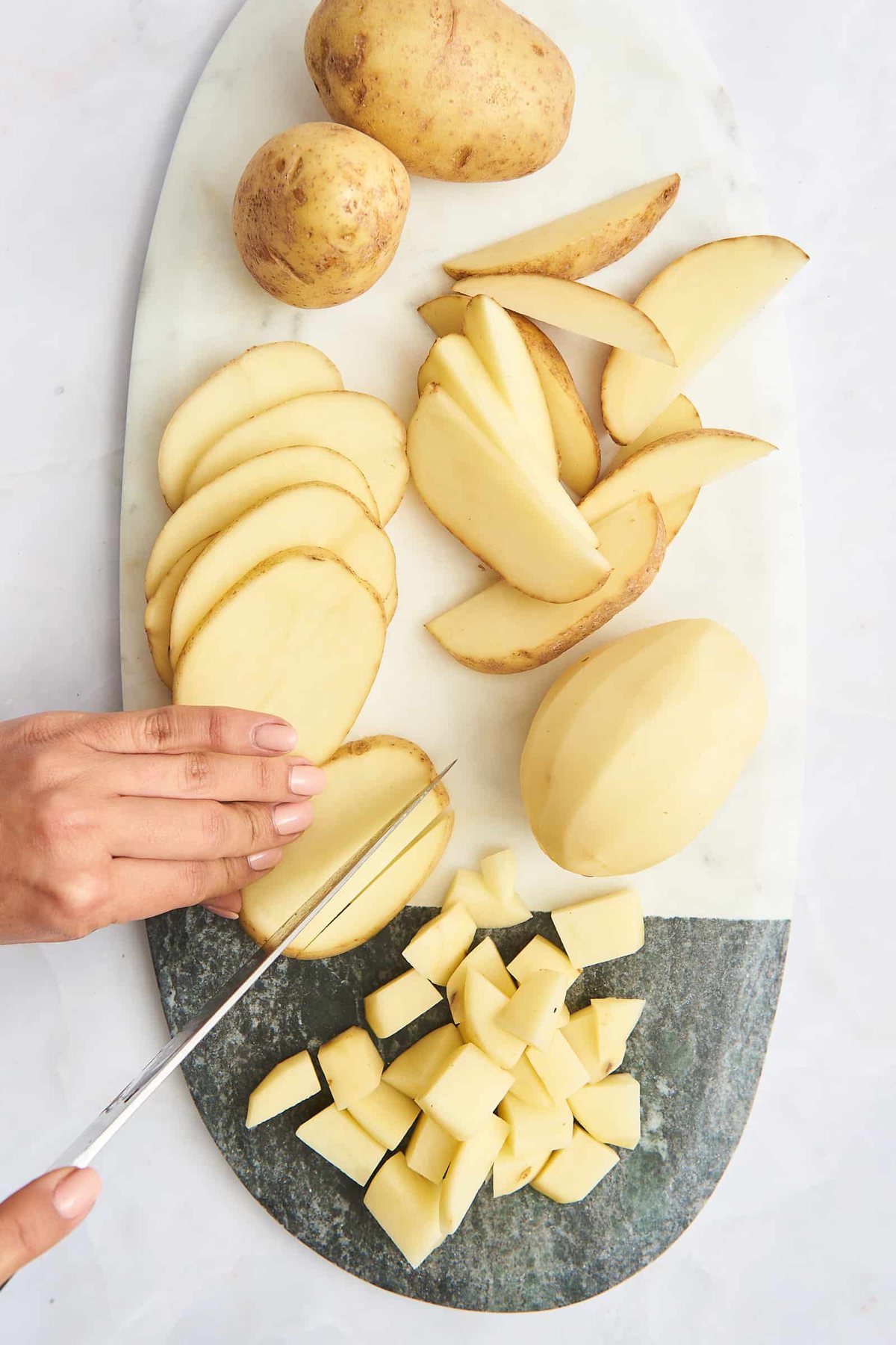Whole potatoes, skinned potatoes, potato slices, cubes, and wedges.