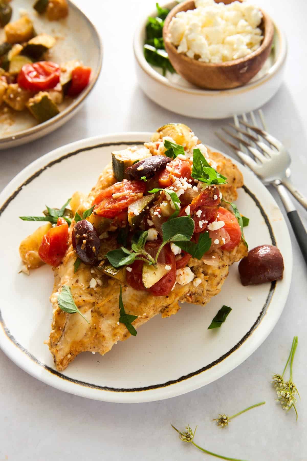 A plate of hummus baked chicken.