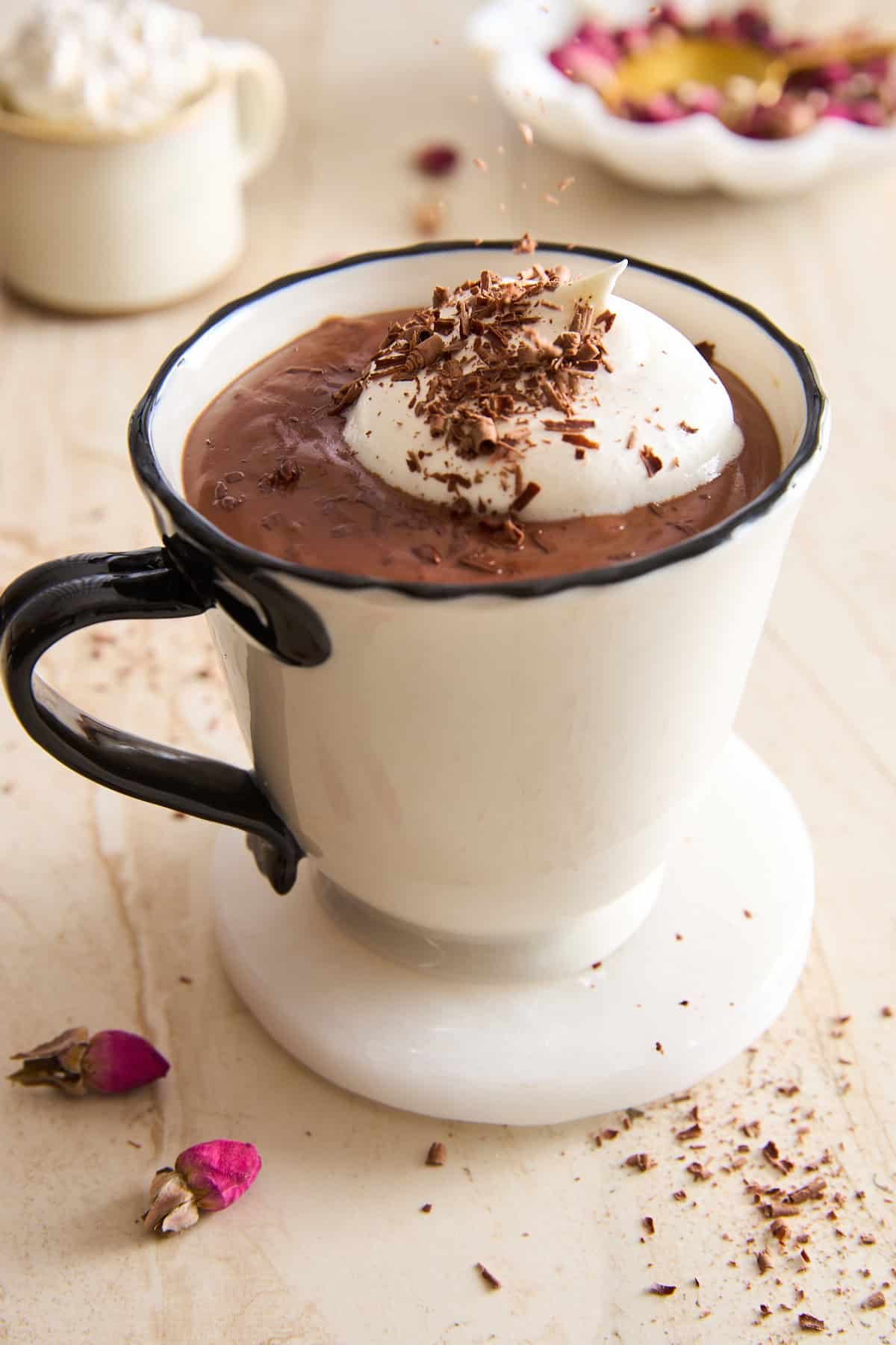 A white mug filled with Italian hot chocolate topped with whipped cream and chocolate shavings, sitting on a marble coaster with dried rosebuds and a second cup blurred in the background.