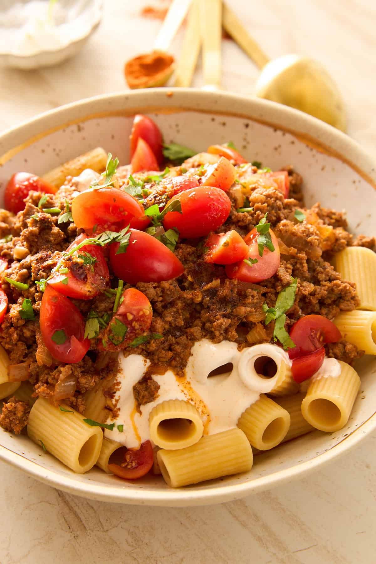 A bowl of Turkish pasta with garlic yogurt and spiced butter.