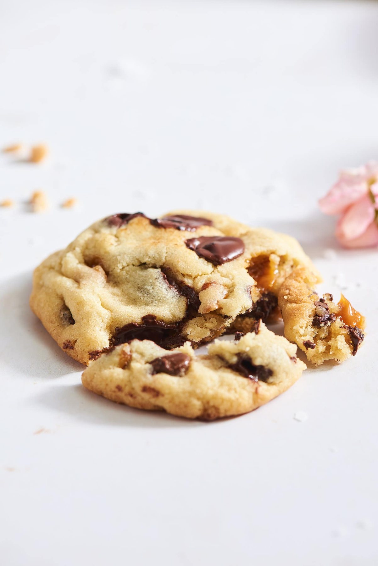 An everything but the kitchen sink cookie with pieces broken off.