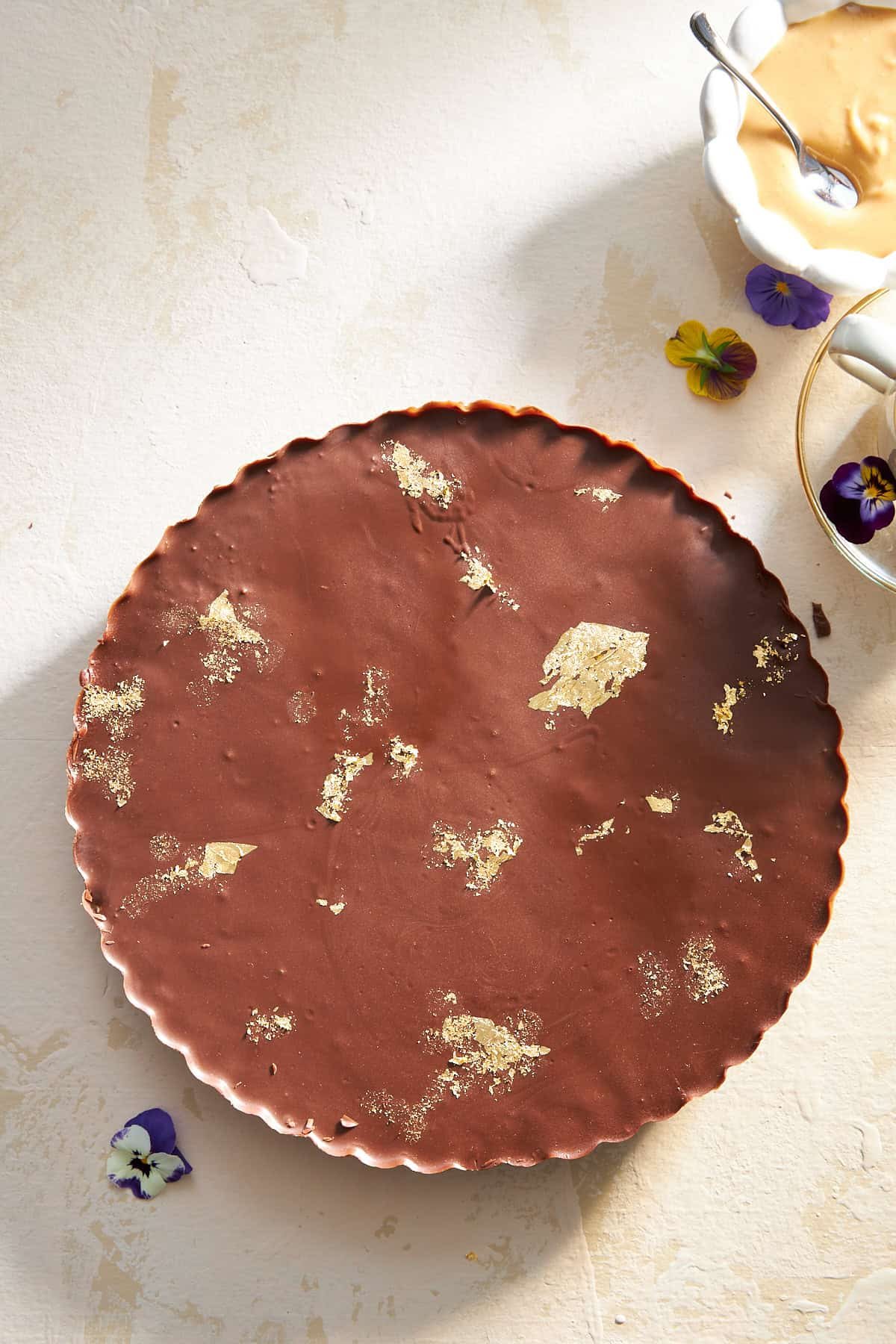 Overhead image of a chocolate peanut butter kunafa.