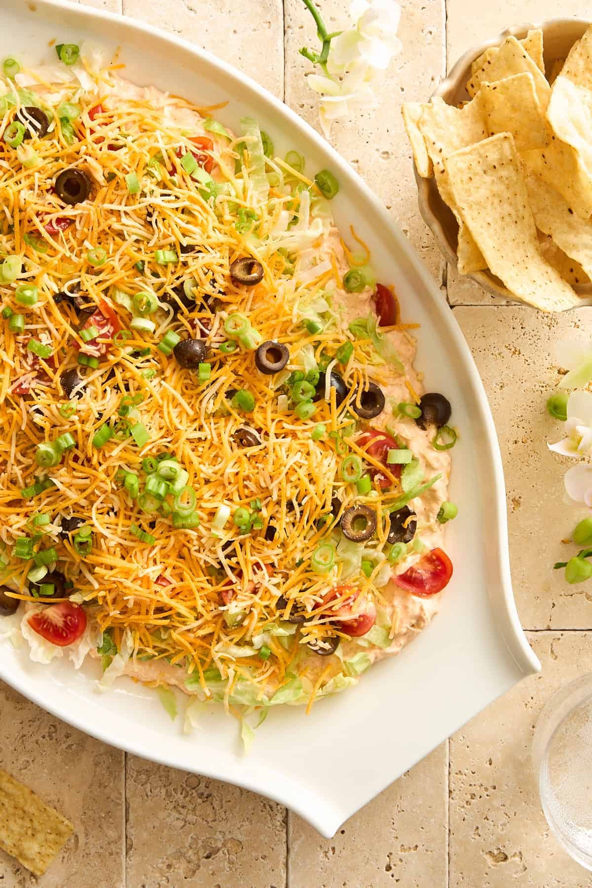 A platter of layered taco dip.