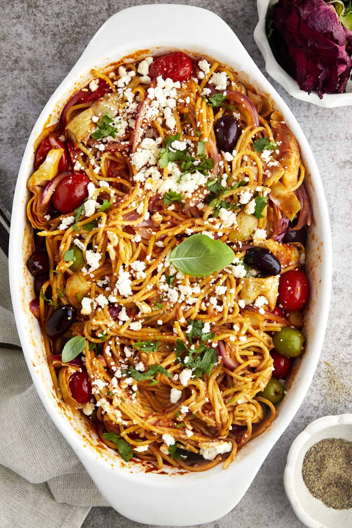 Oven Baked Mediterranean Spaghetti at the Table