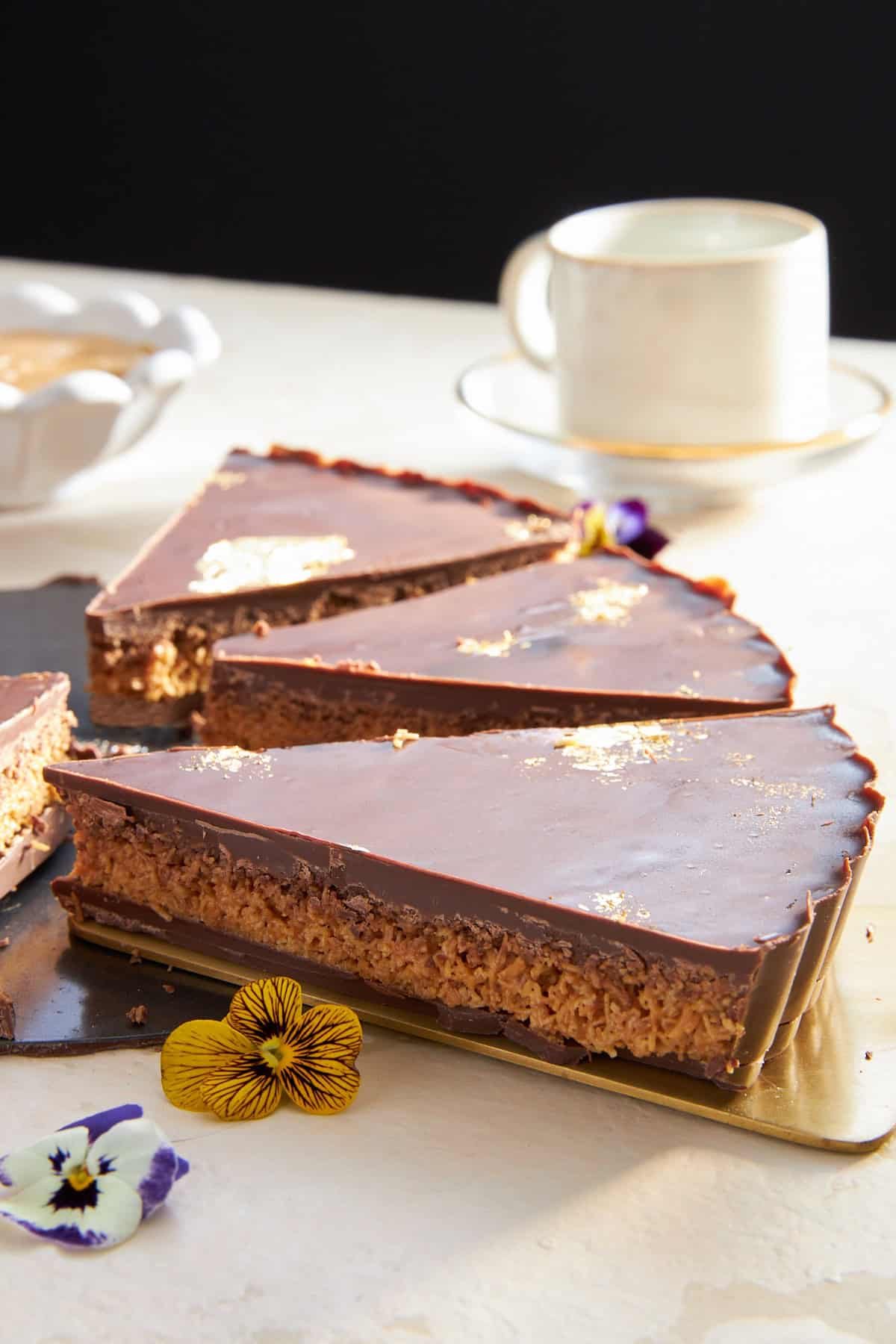 Slices of chocolate peanut butter kunafa.