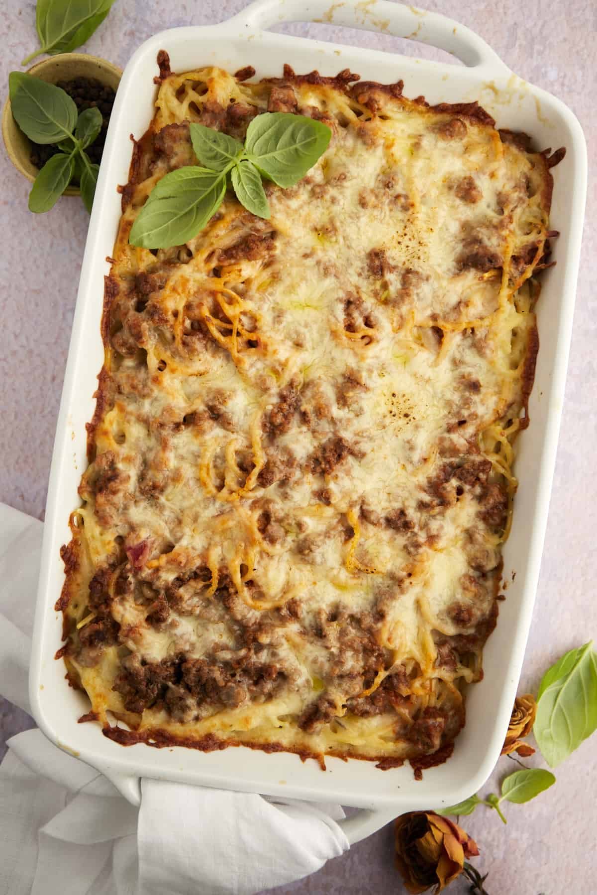 a casserole dish full of simple baked million dollar spaghetti.