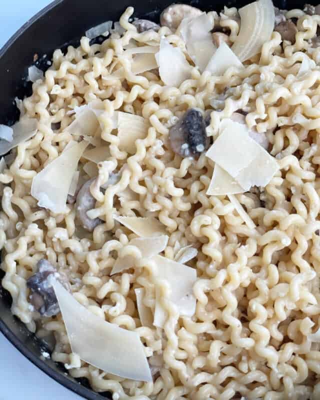Mushroom Stroganoff topped with shaved Parmesan