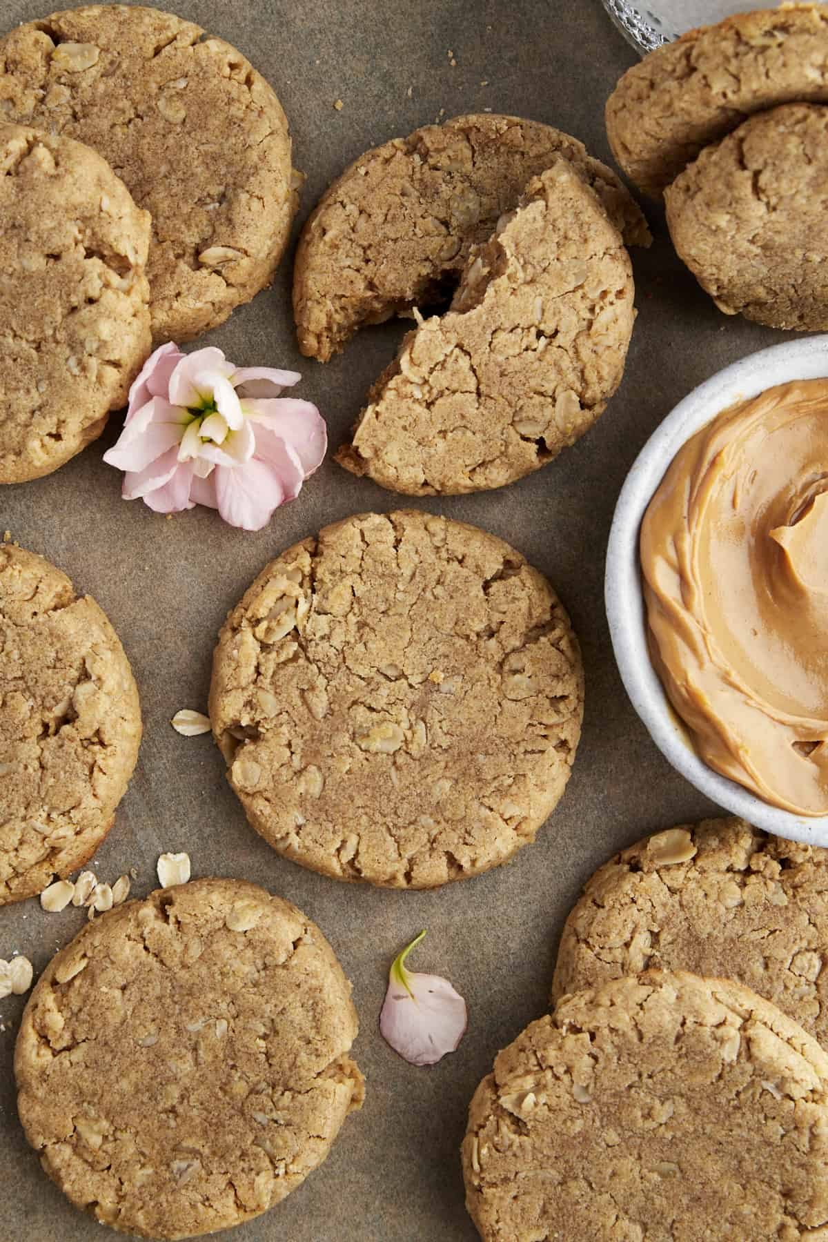 Overhead image of peanut butter oatmeal cookies.
