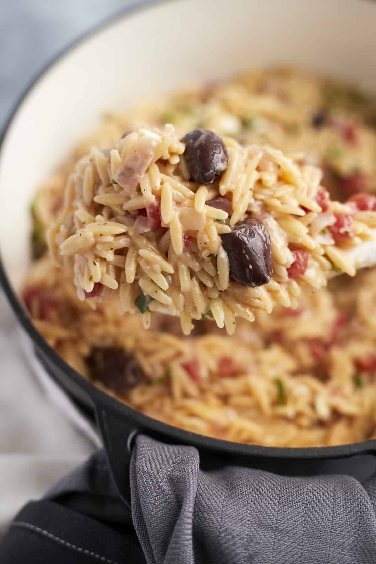 side view on One Pot Mediterranean Orzo Pasta