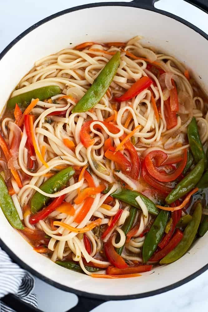 Vegetarian ramen in a pot.