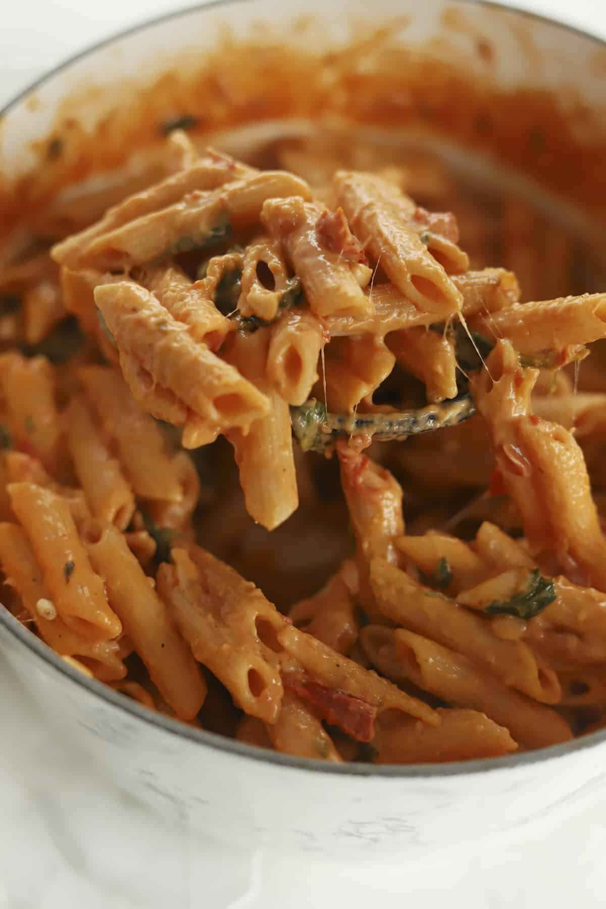 pot of sun dried tomato pasta being stirred with a spoon