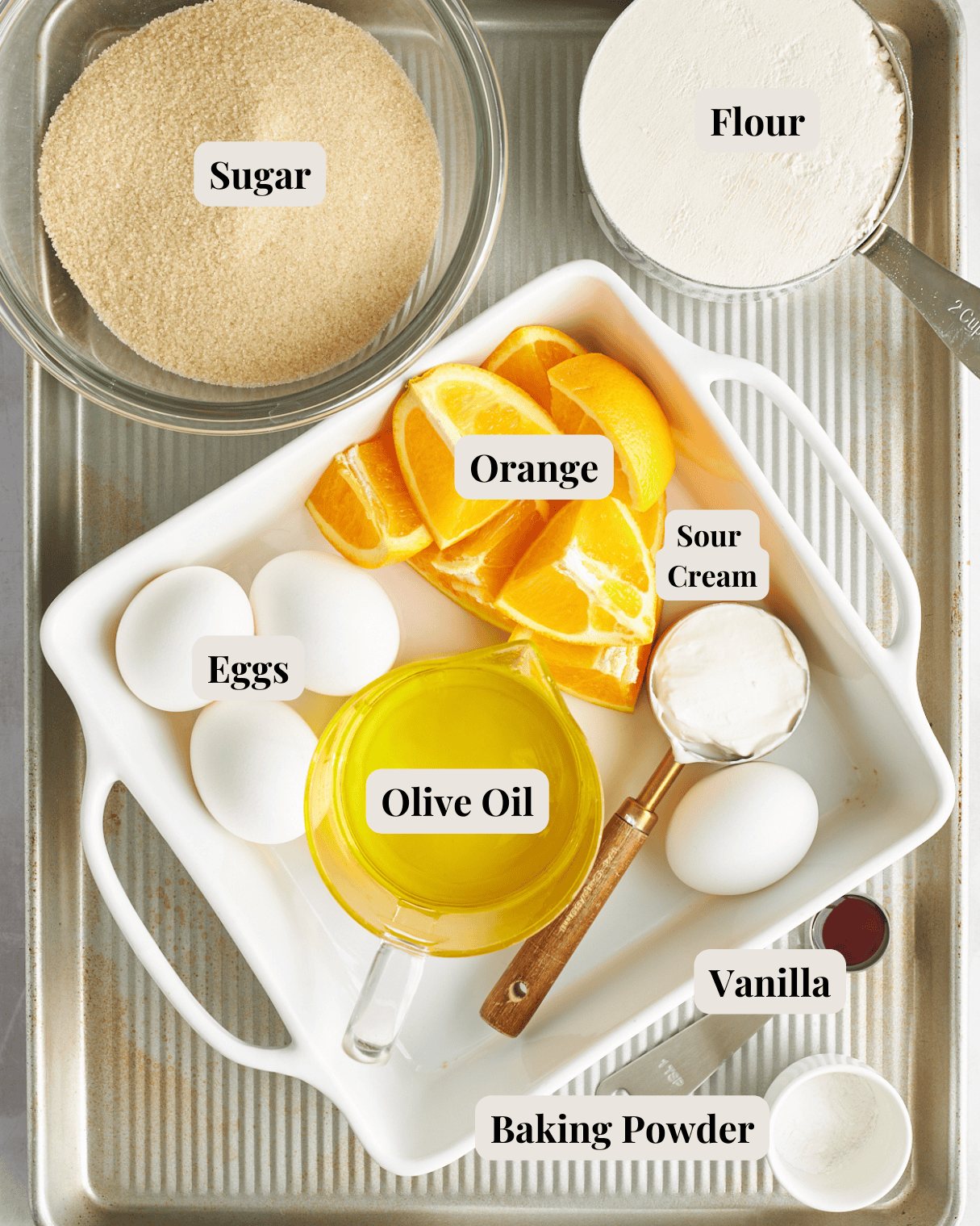 Ingredients to make orange blender cake.