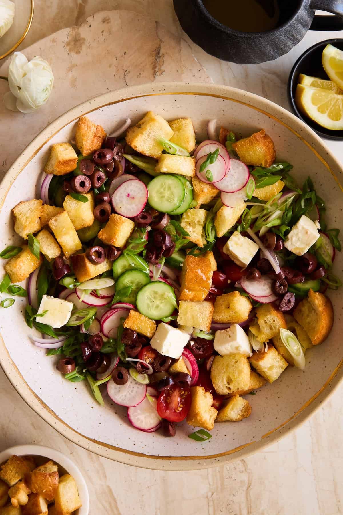 A bowl of panzanella salad.