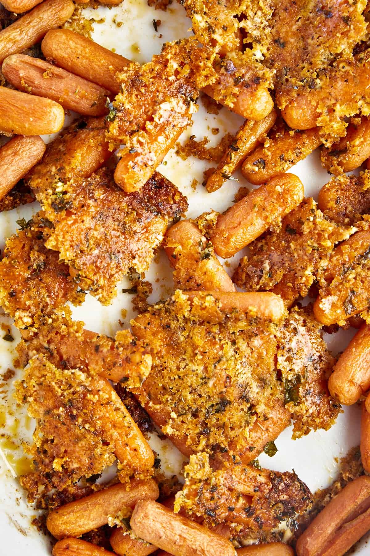 Close up image of Parmesan oven roasted baby carrots.