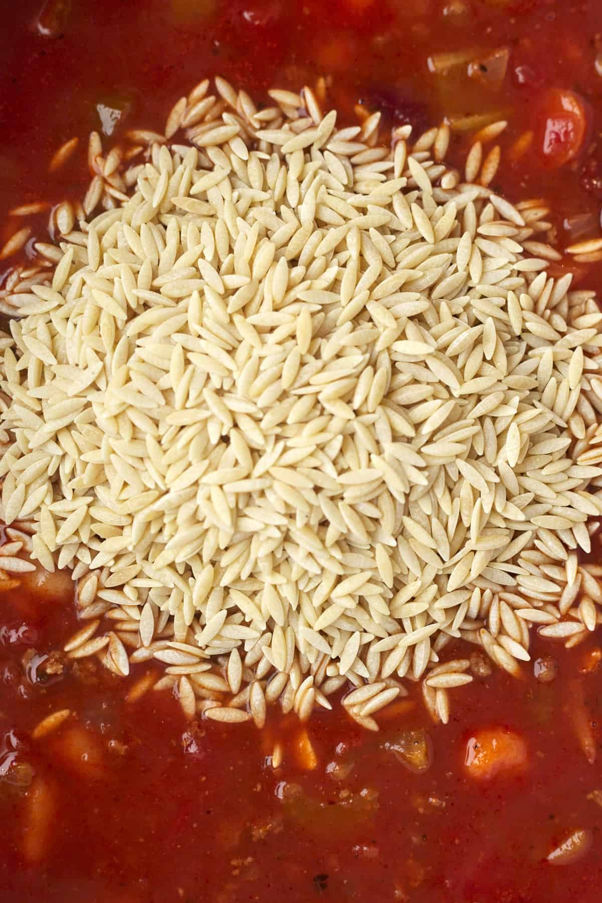 uncooked orzo on top of tomato broth