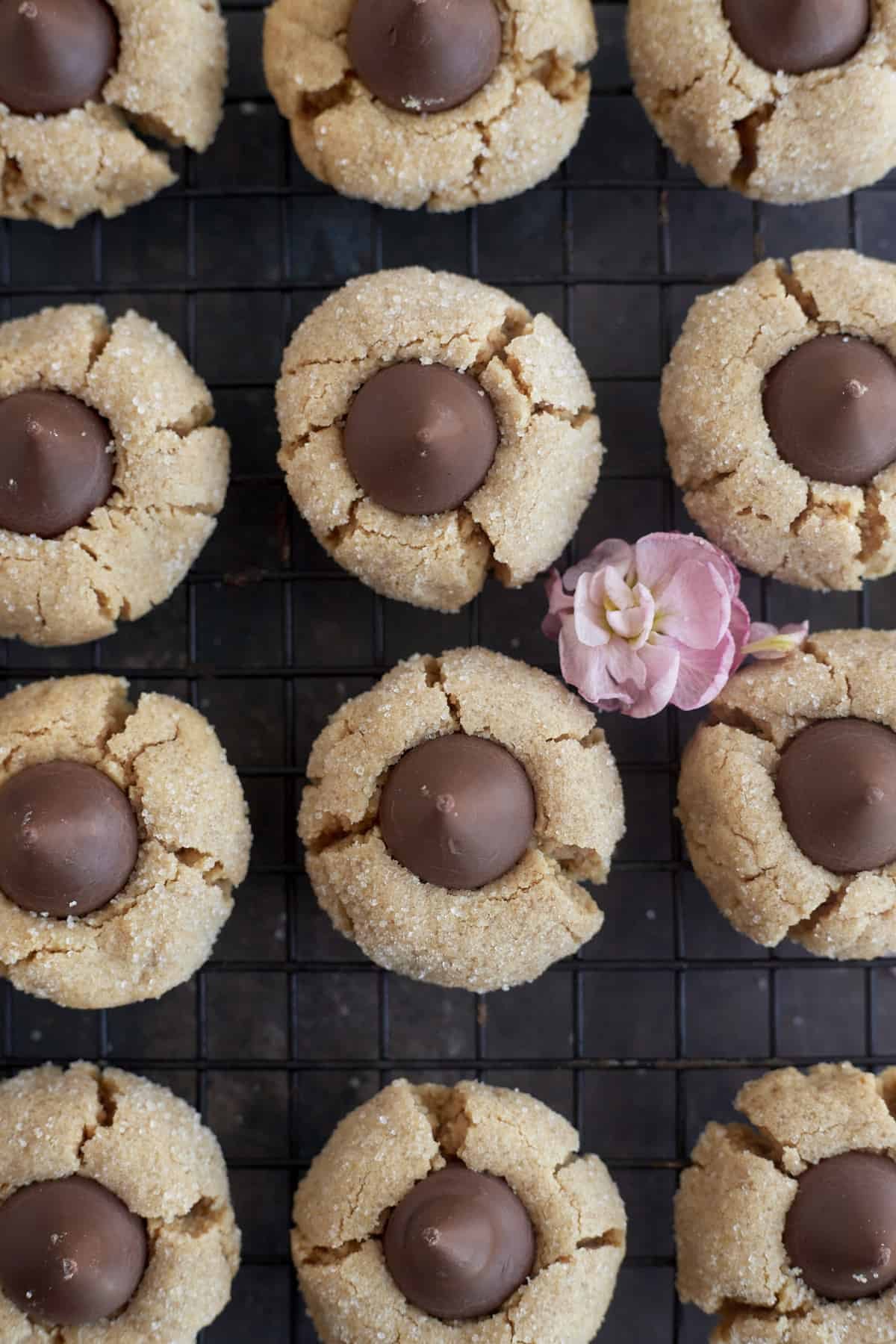peanut butter blossoms on a wire rack.