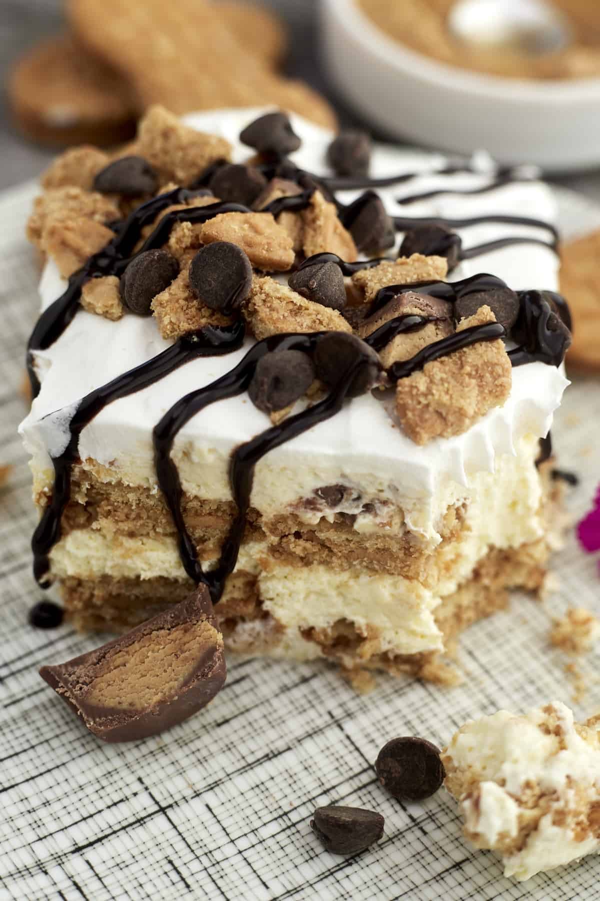 a slice of no-bake peanut butter lasagna with a corner missing