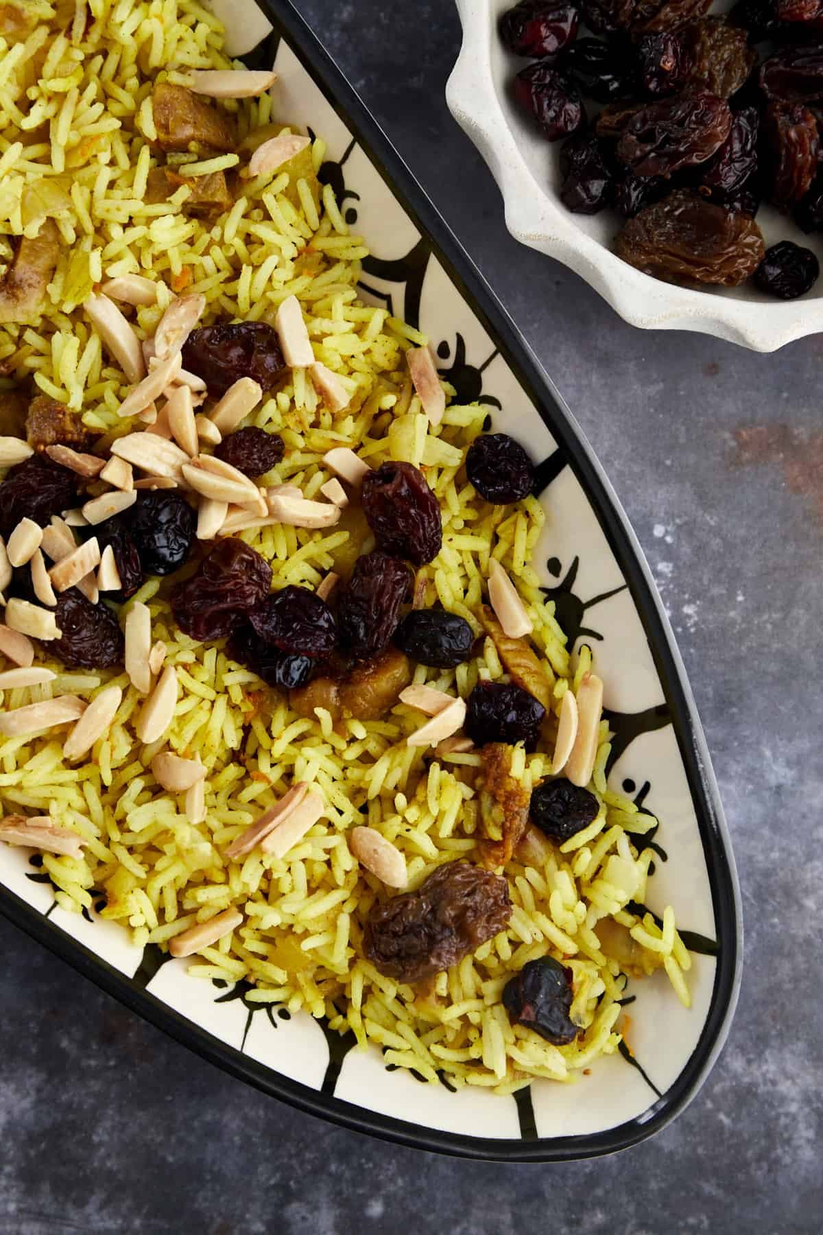 a platter of Persian jeweled rice with dried fruit and nuts