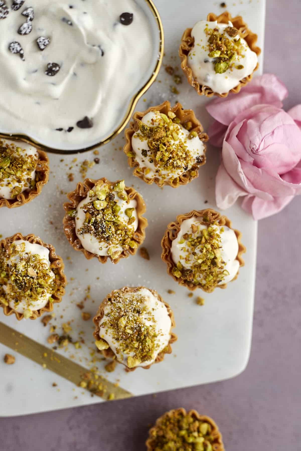 phyllo cup cannoli bites topped with crushed pistachios