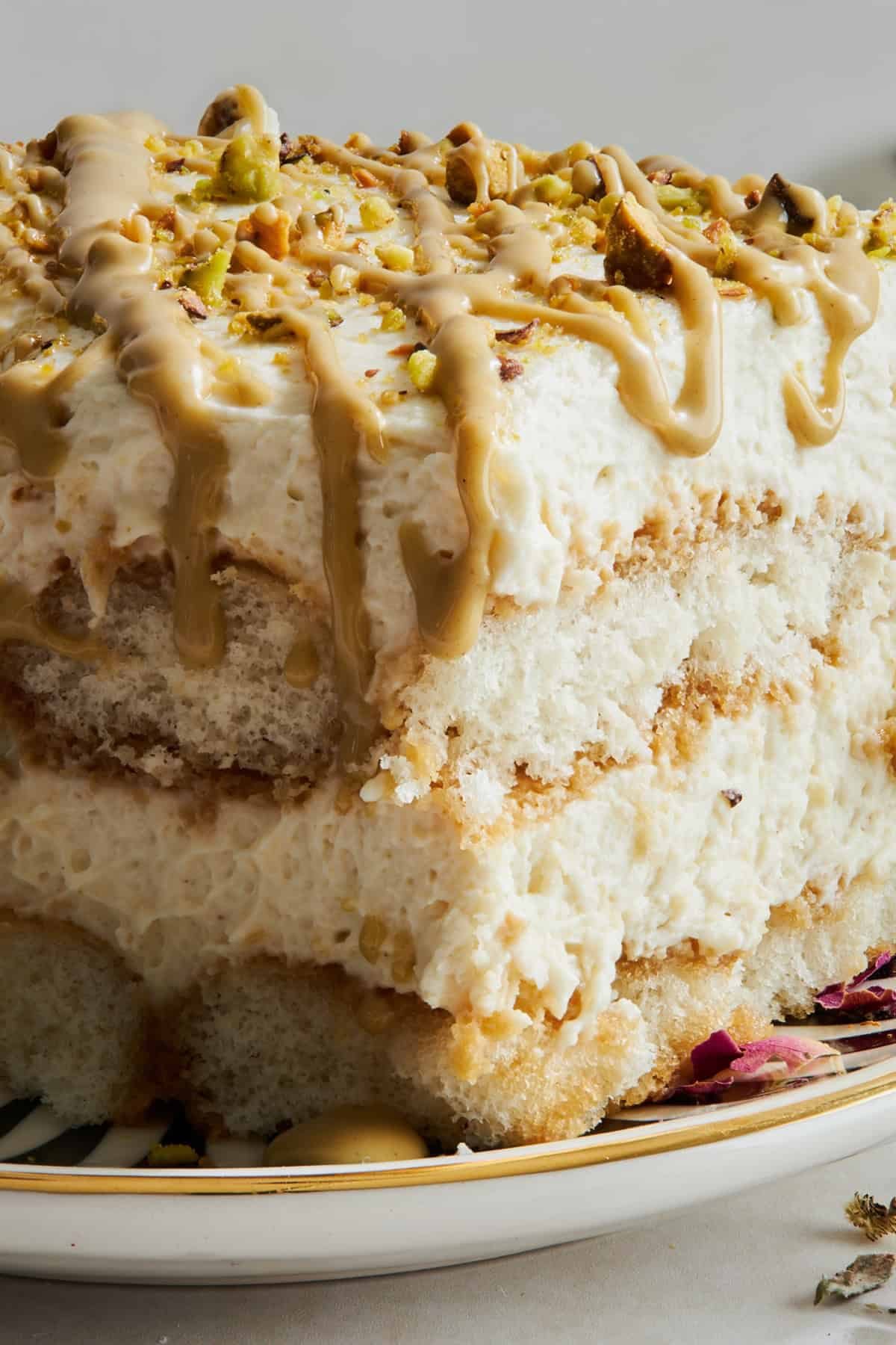 Close up view of pistachio tiramisu.