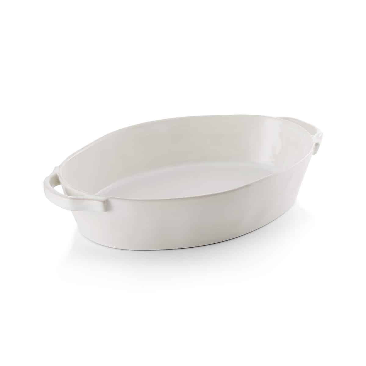 white oval baking dish.