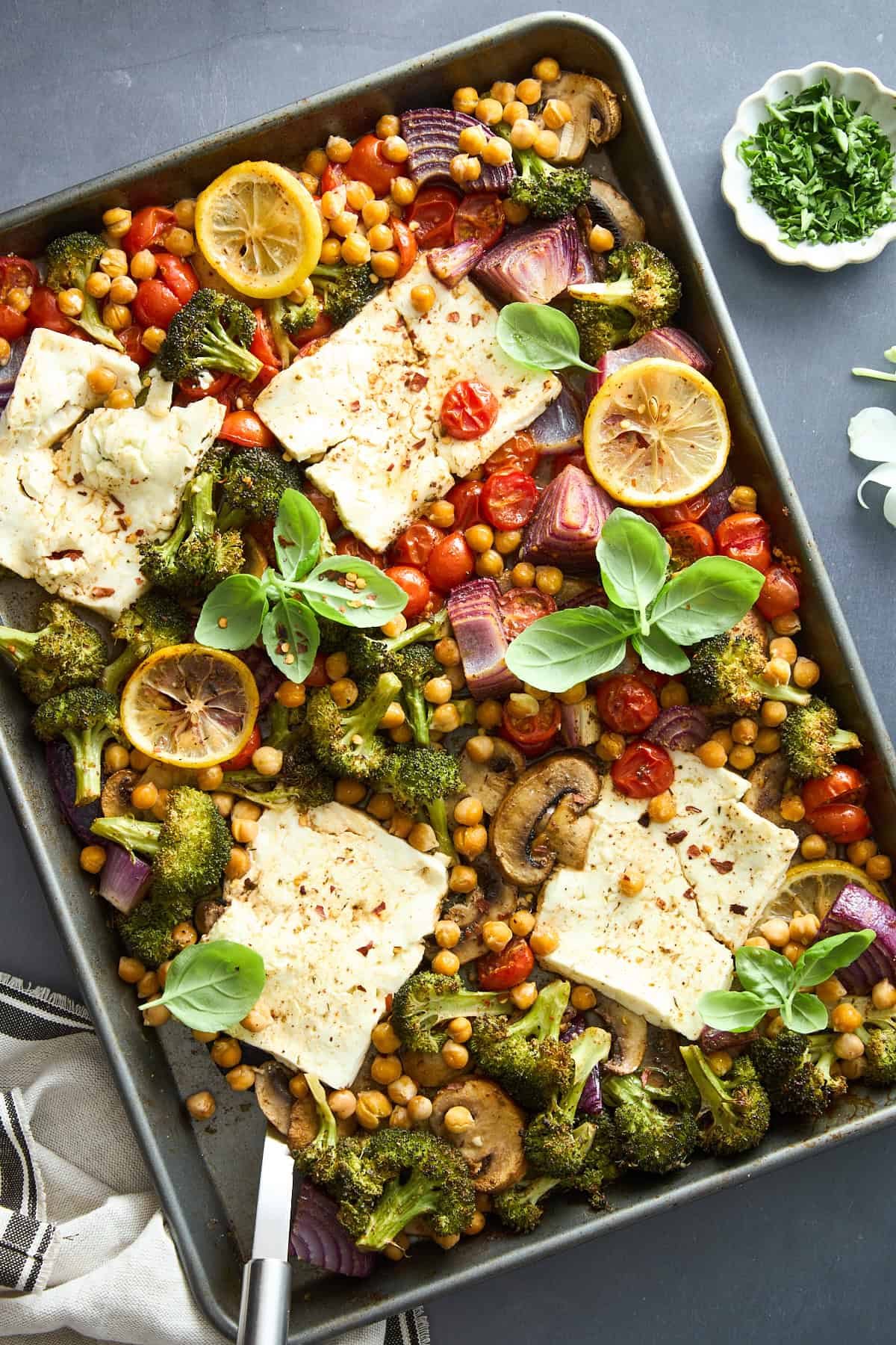Sheet pan feta and veggies.