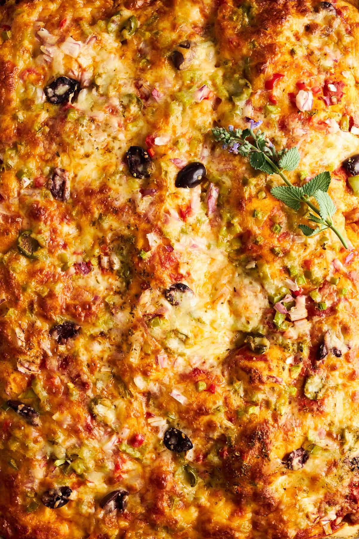Baked sheet pan pizza.