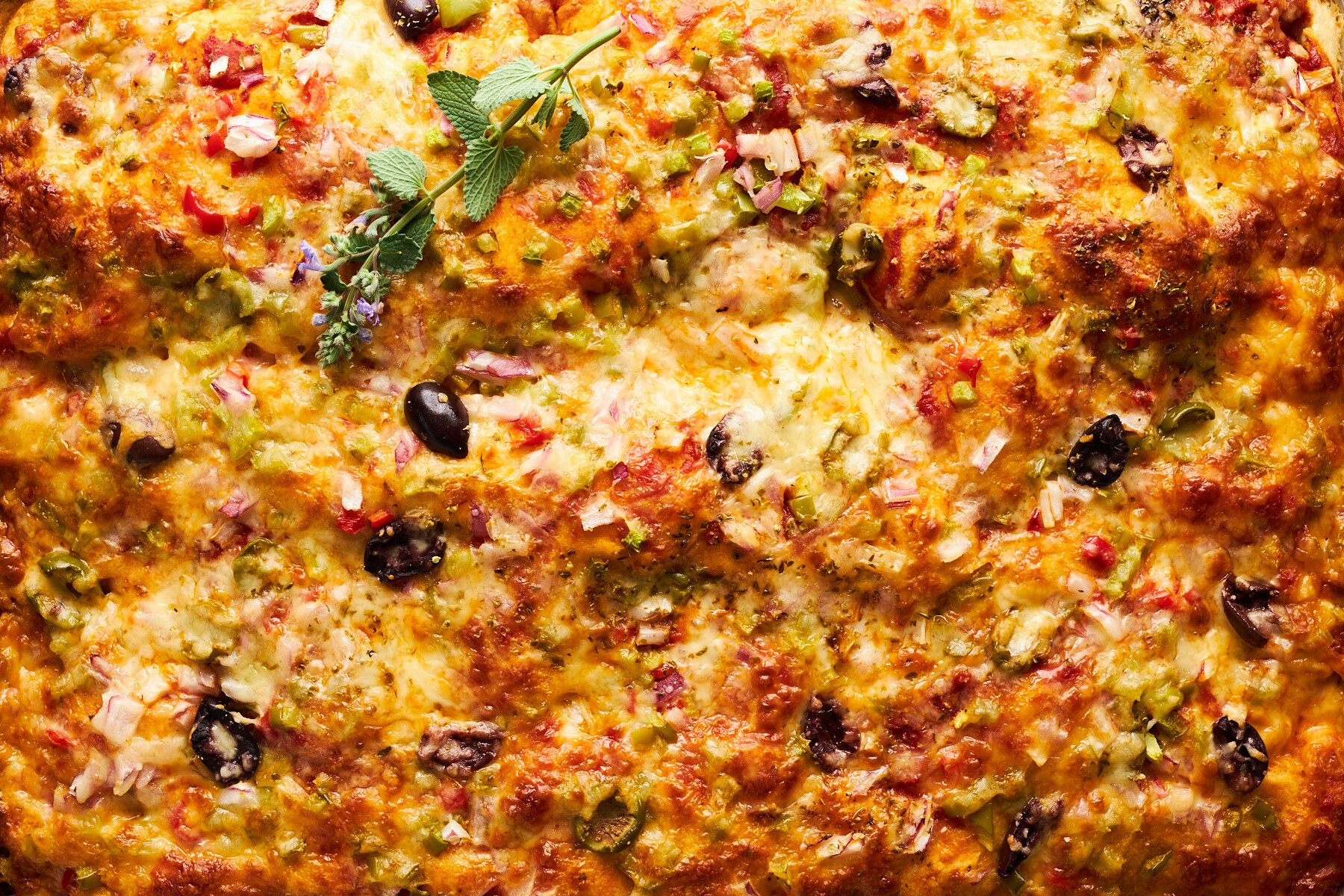 Baked sheet pan pizza.
