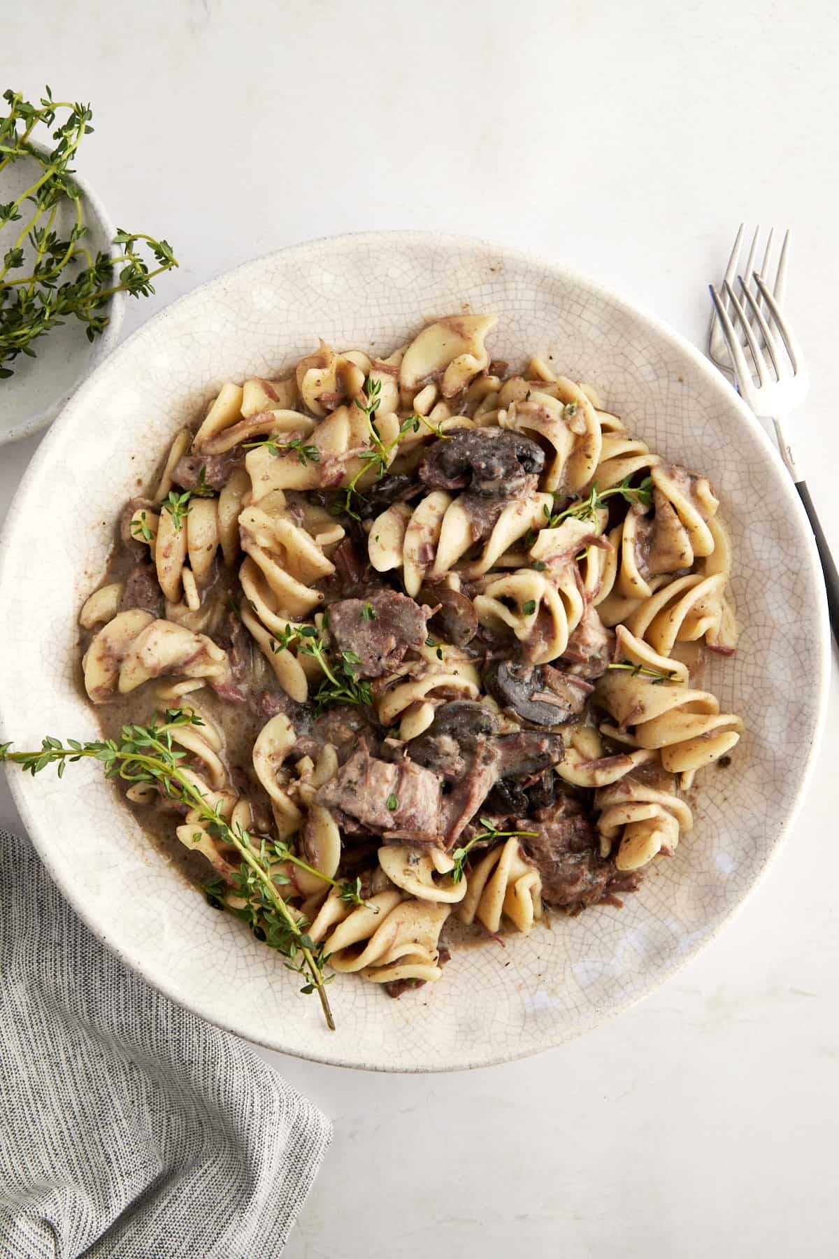 A bowl of slow cooker beef stroganoff.