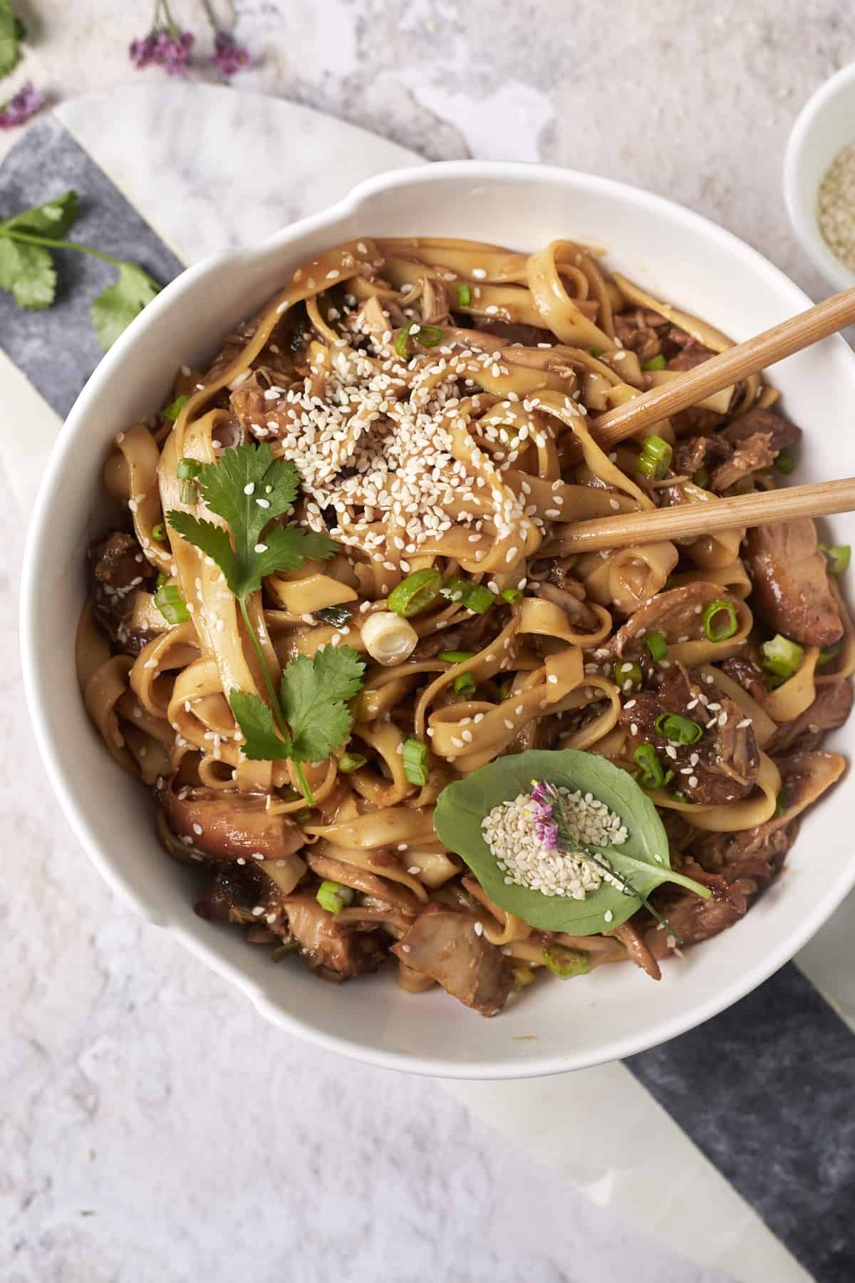 overhead image of a bowl of honey garlic chicken thighs with lo mein noodles topped with green onions, sesame seeds, and cilantro