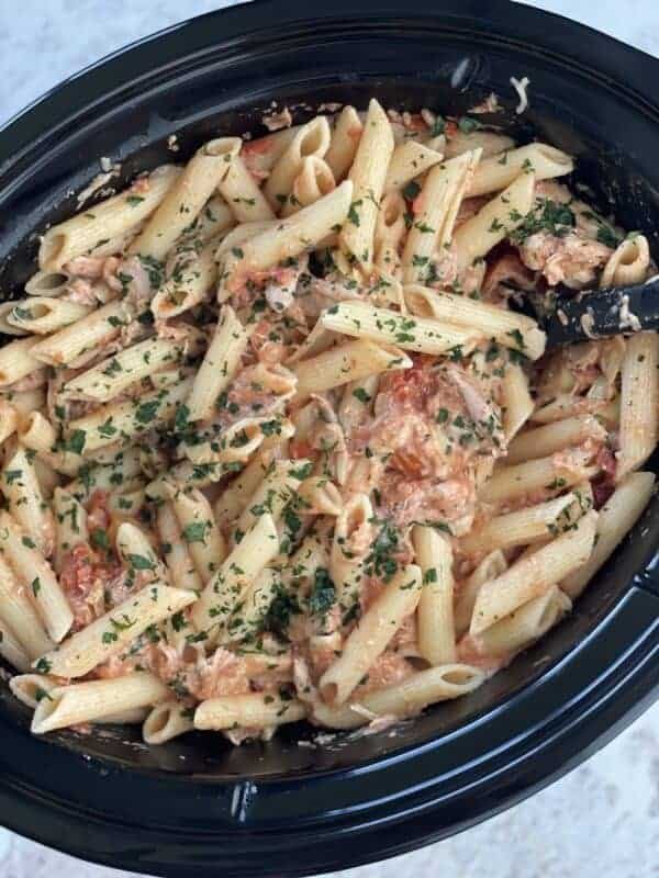 silky tuscan chicken pasta in a slow cooker