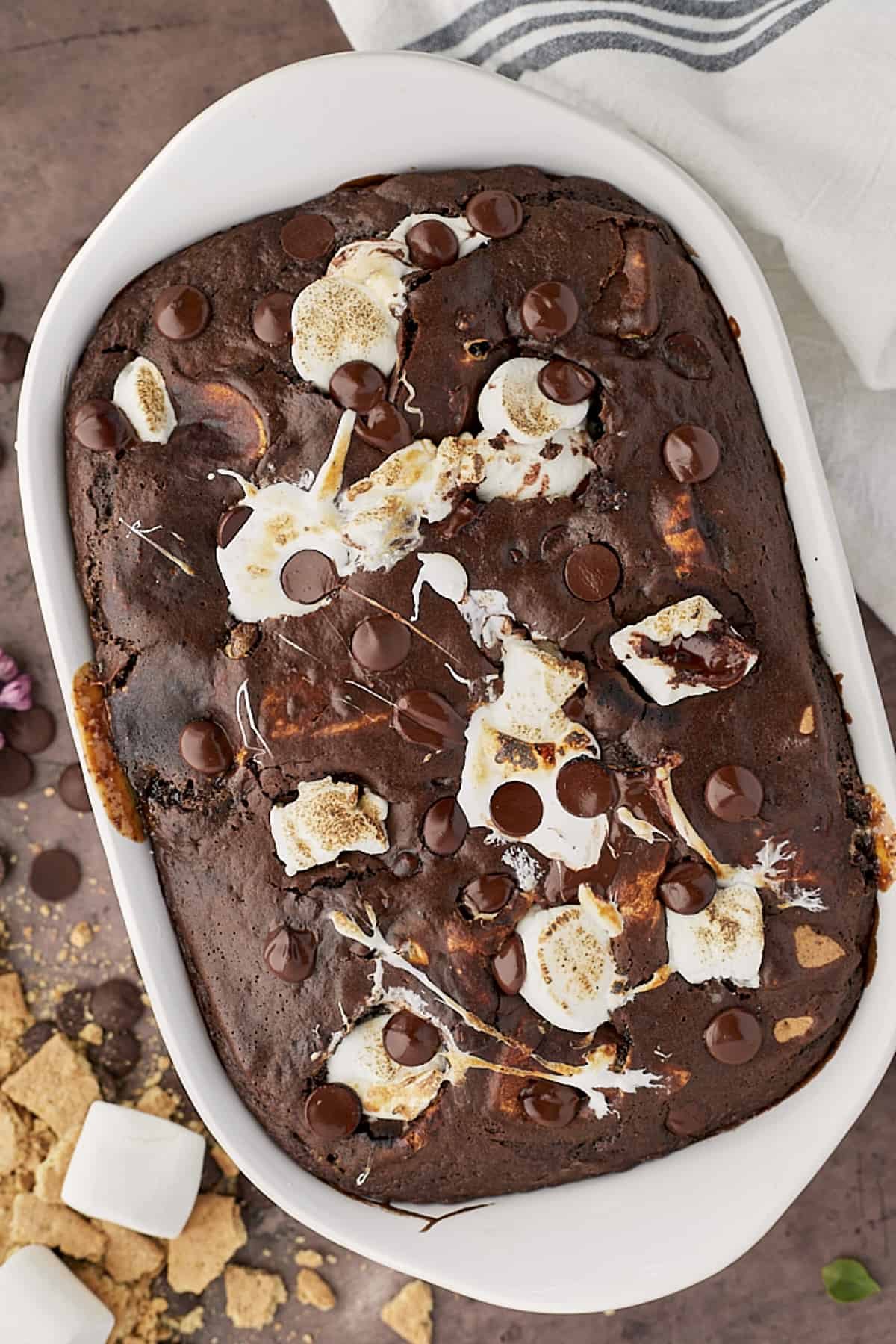 Overhead of s'mores chocolate cake