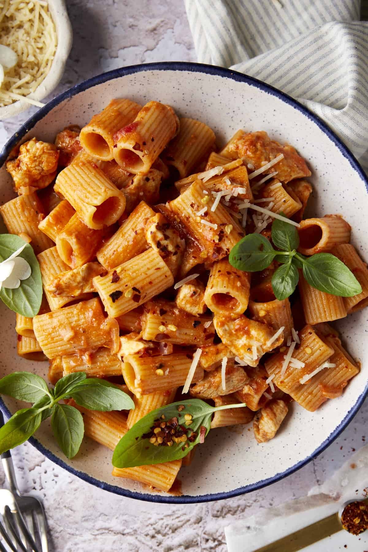 A plate of spicy chicken rigatoni pasta.