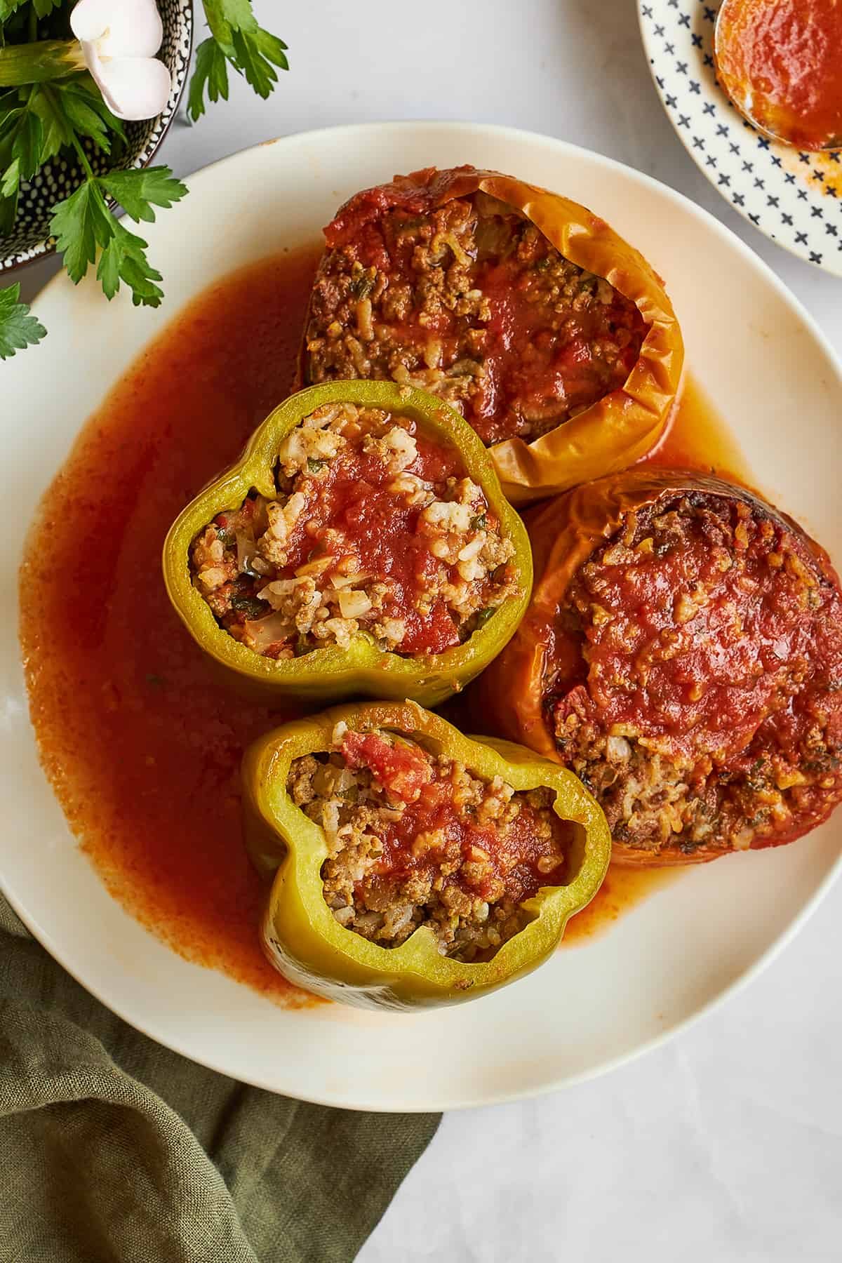 Slow cooker Mediterranean stuffed peppers on a plate.