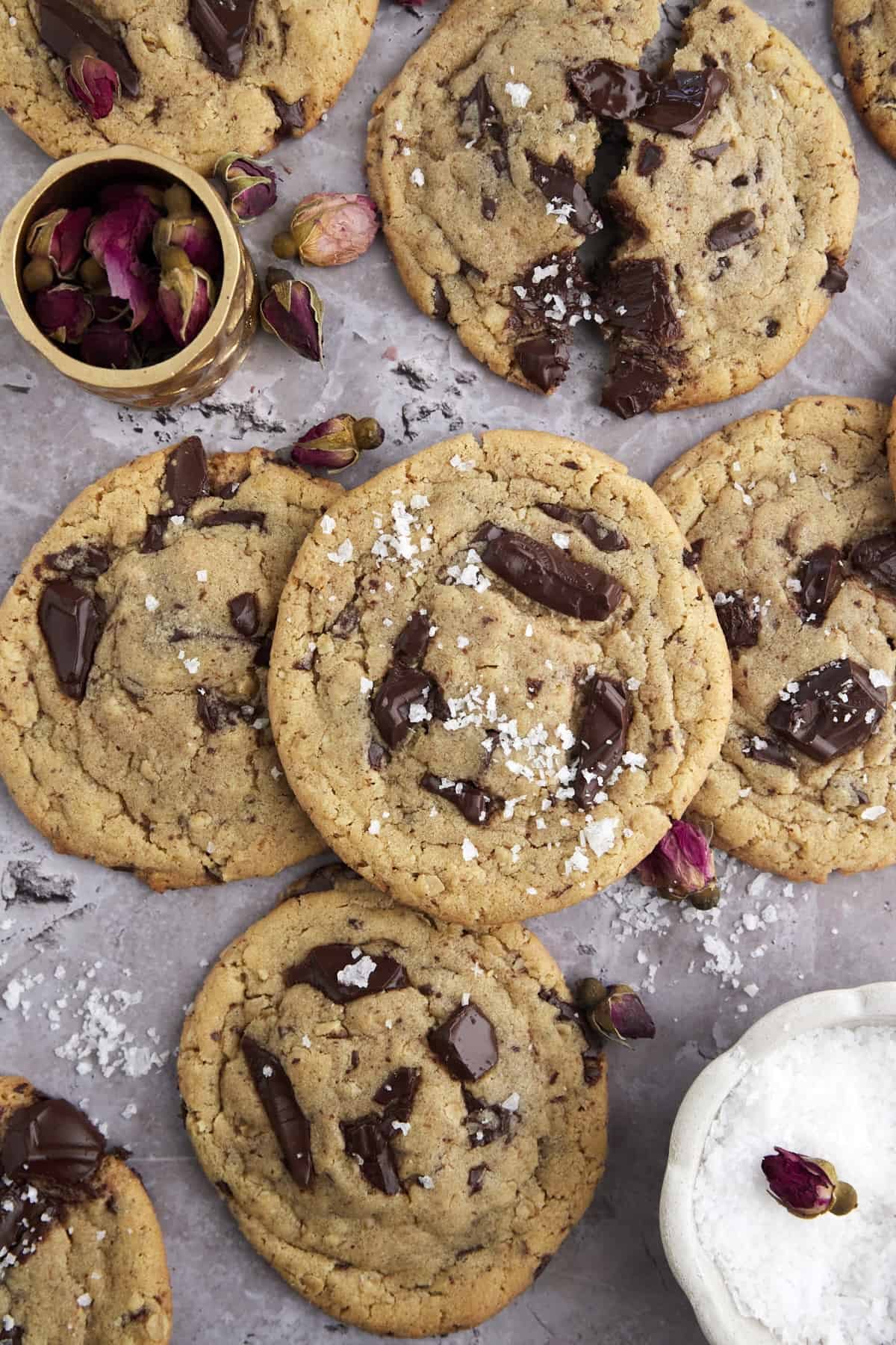 tahini chocolate chip cookies topped with sea salt