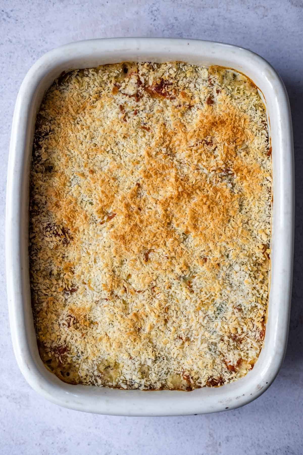 baked cheesy green bean casserole with Panko breadcrumbs.