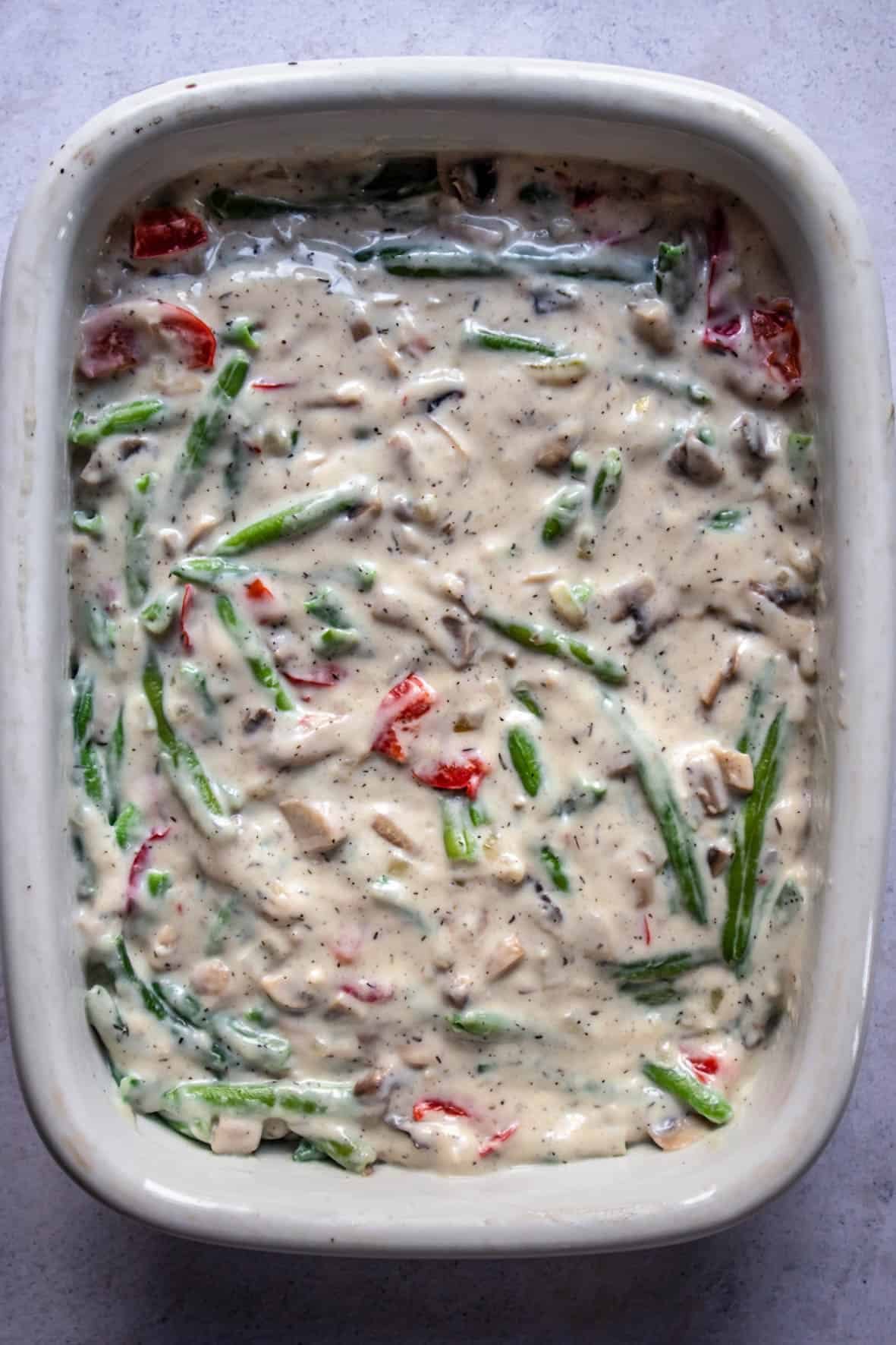 green bean casserole in a baking dish.