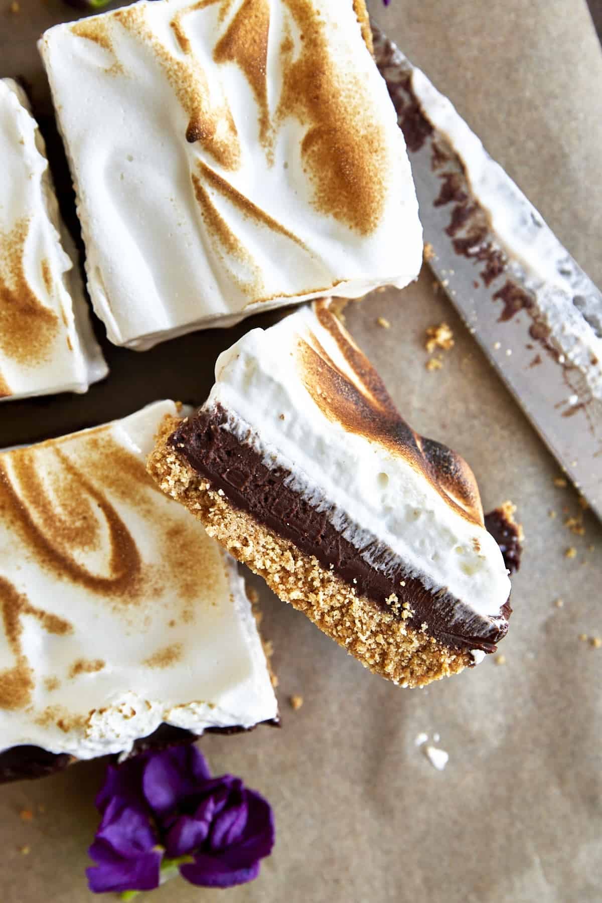 Side view of a s'mores bar with layers of graham cracker crust, chocolate ganache, and meringue.