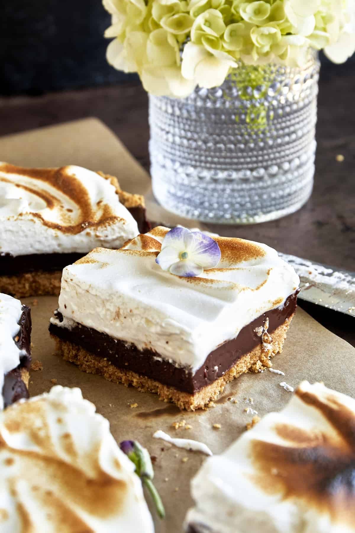 Side view of a s'mores bar with layers of graham cracker crust, chocolate ganache, and a meringue topping.