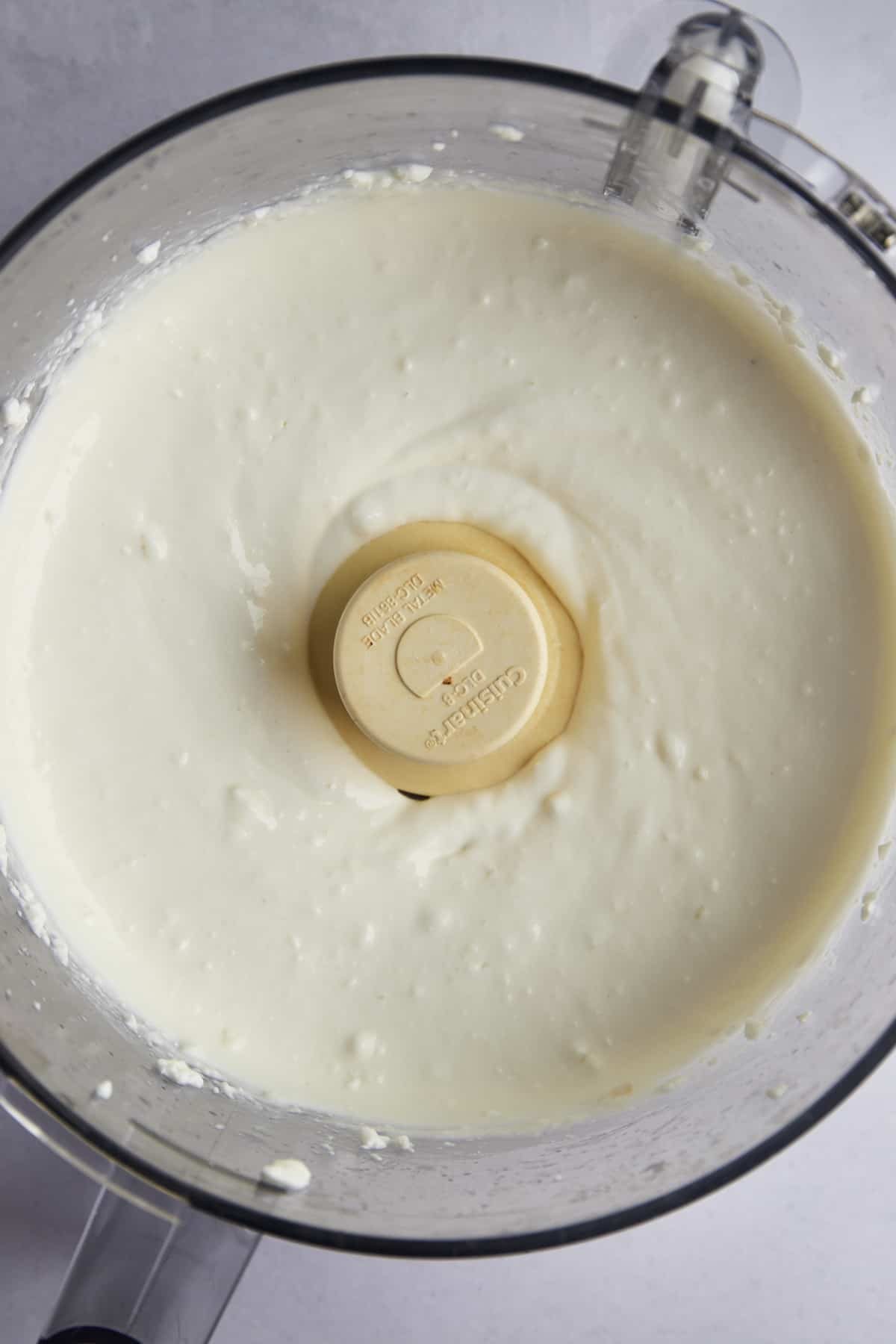 Blended cottage cheese mixture for Turkish poached eggs with cottage cheese.